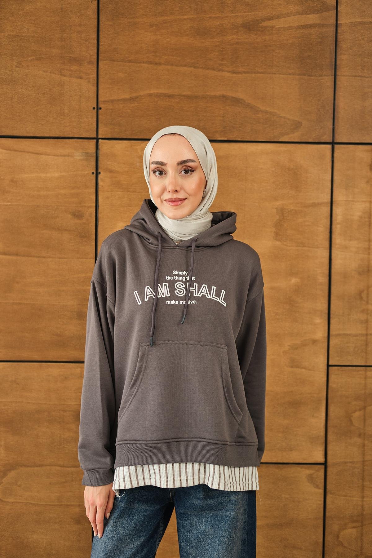 Yazı Baskılı Kapüşonlu Sweat Gri