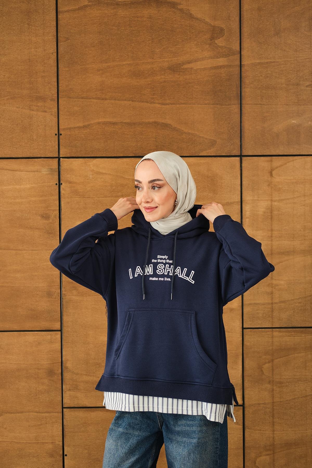 Yazı Baskılı Kapüşonlu Sweat Lacivert