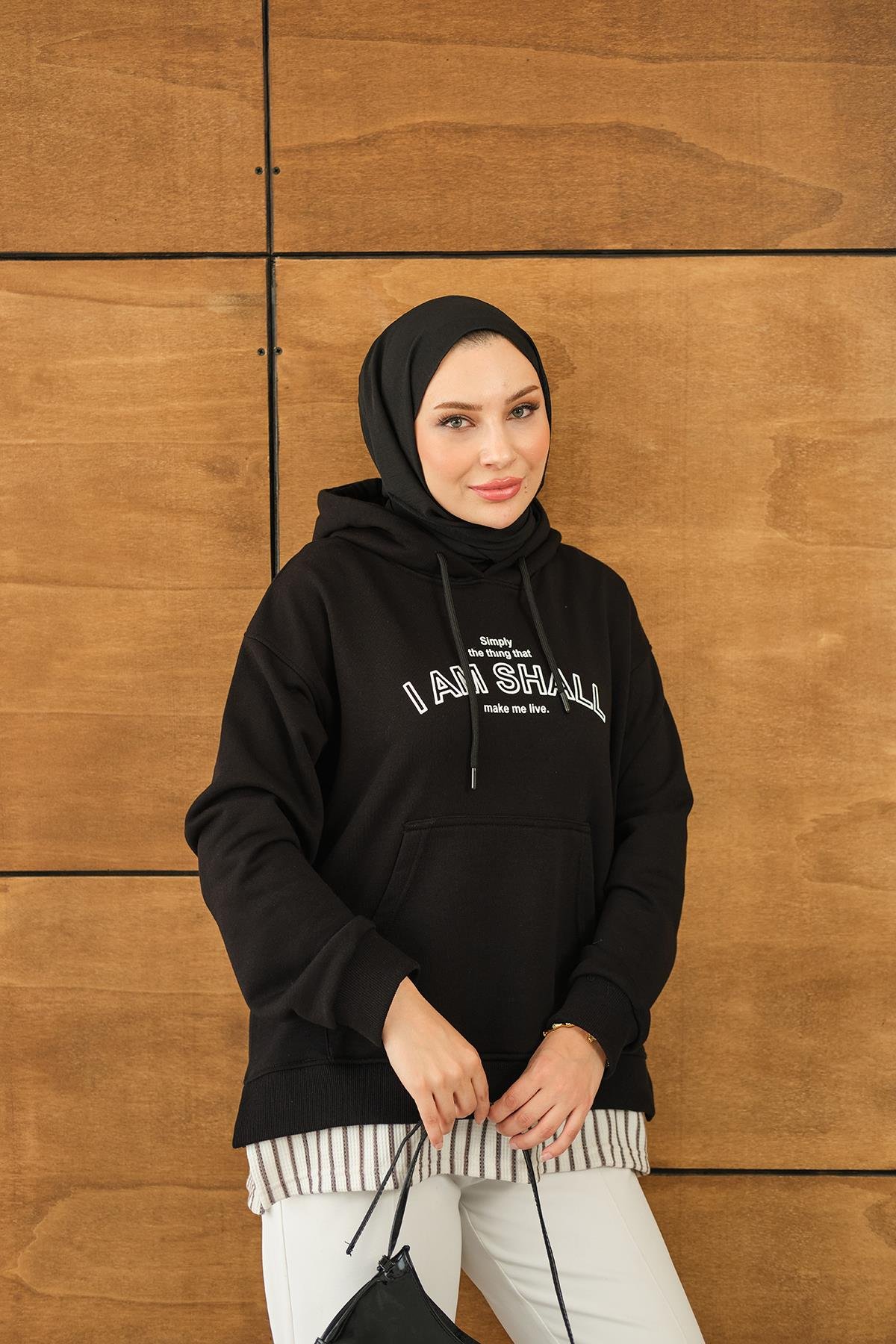 Yazı Baskılı Kapüşonlu Sweat Siyah