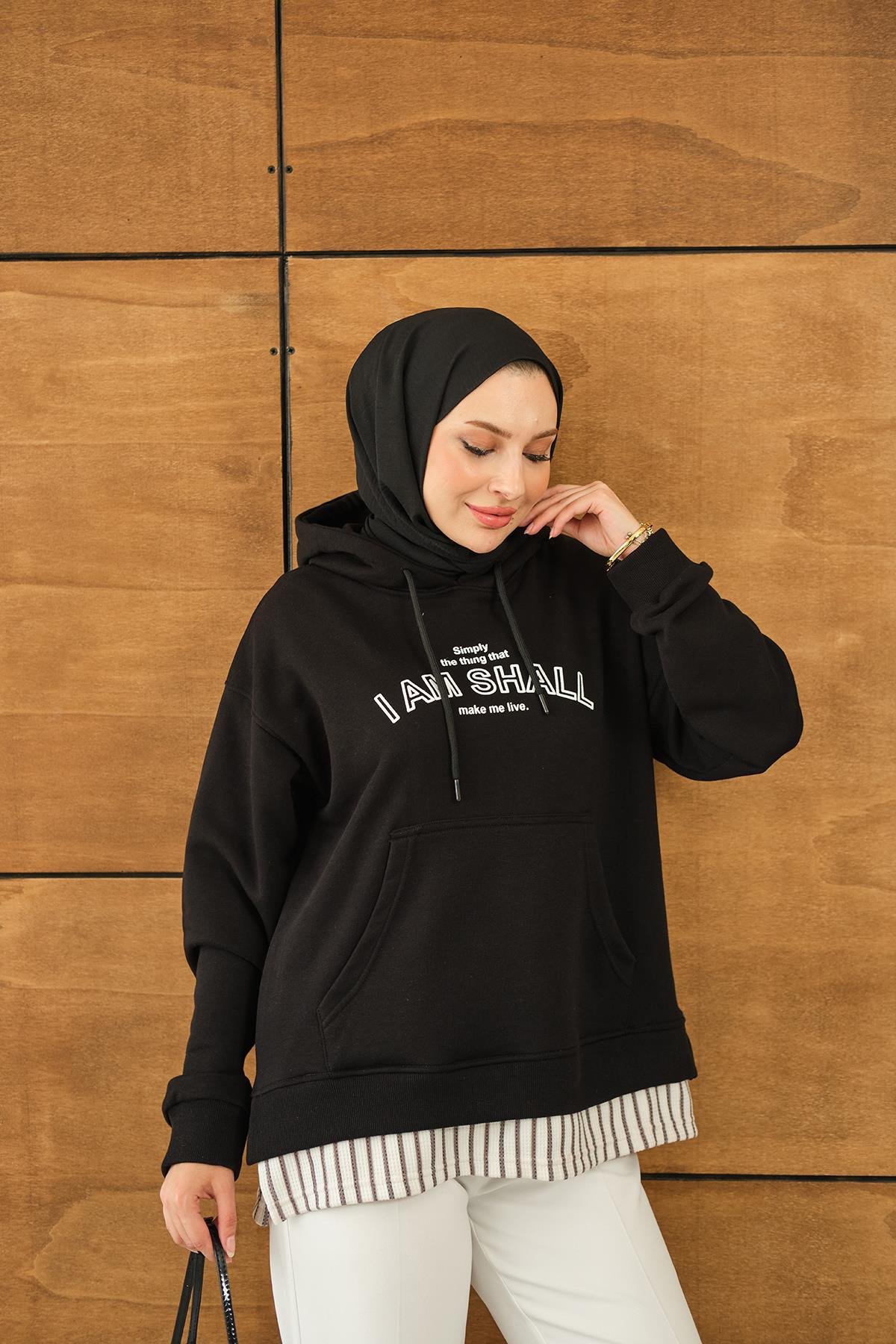 Yazı Baskılı Kapüşonlu Sweat Siyah