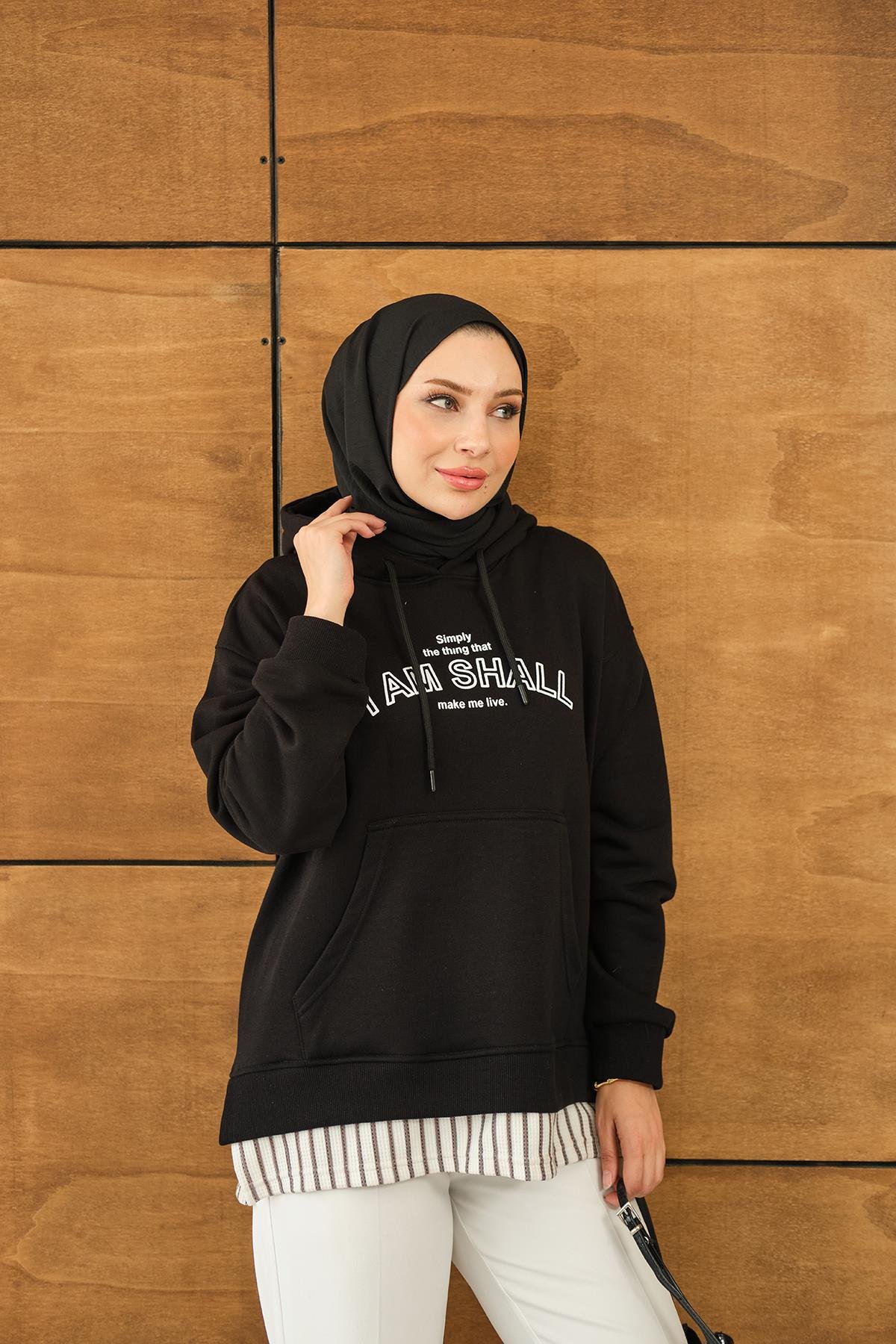 Yazı Baskılı Kapüşonlu Sweat Siyah