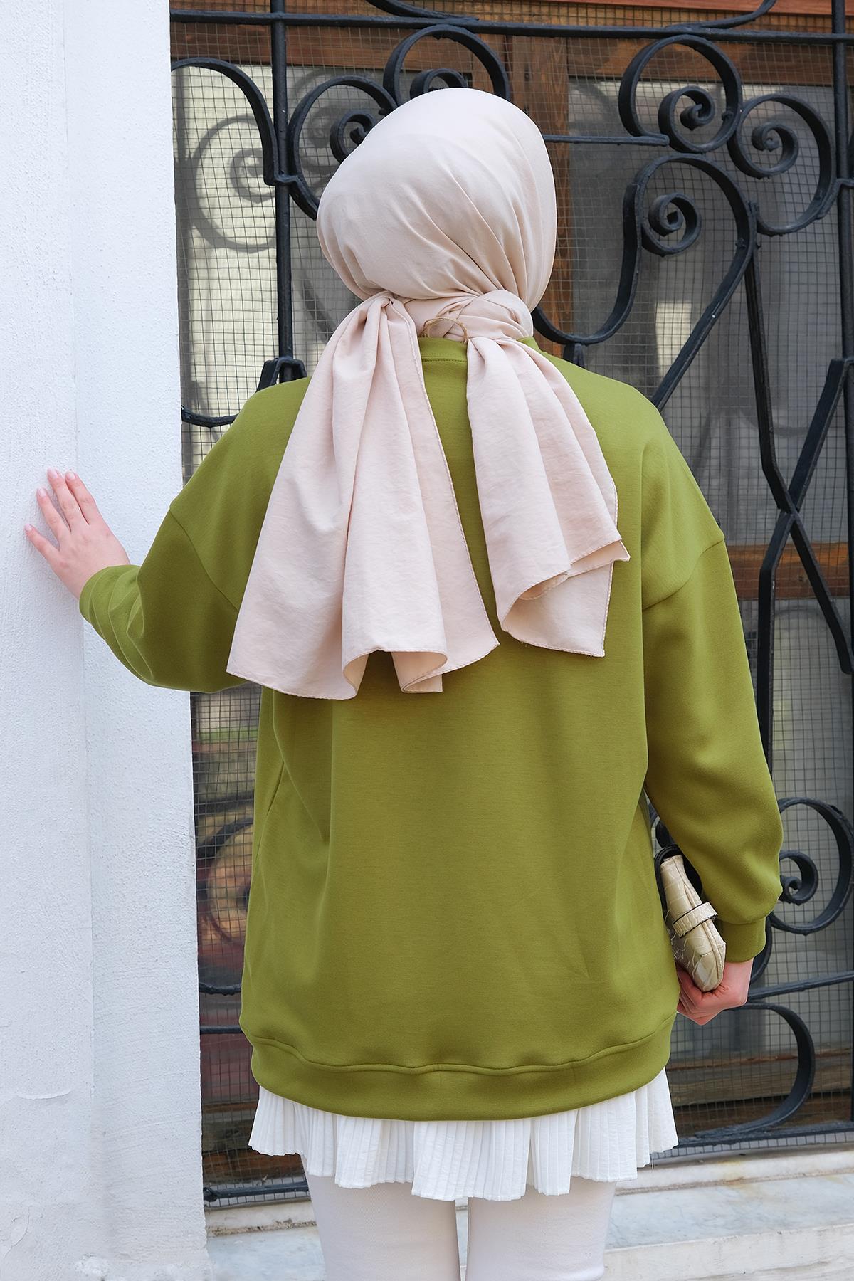Yazı Baskılı Oversize Sweat Yağ Yeşil