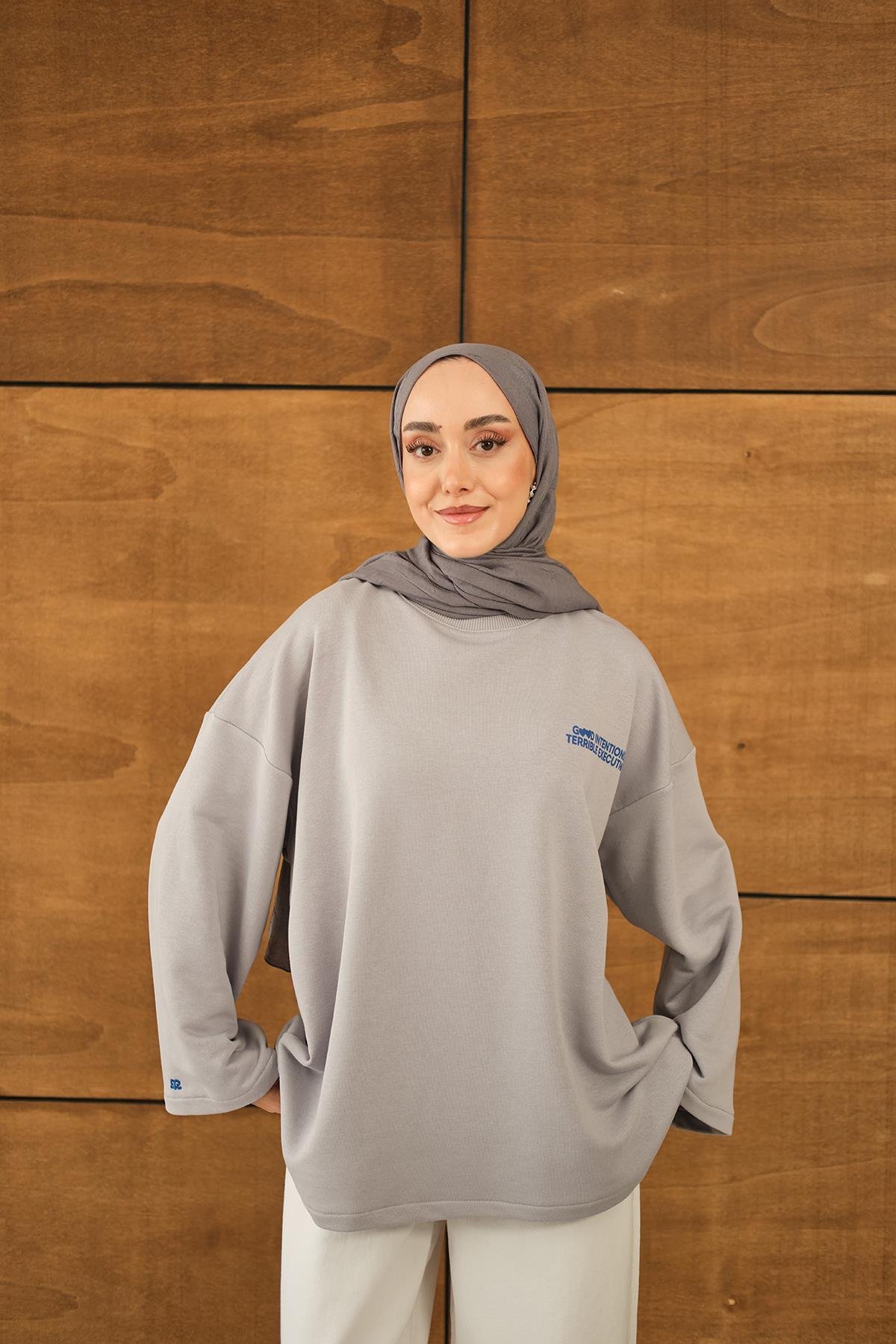 Yazı Baskılı Sweat Gri