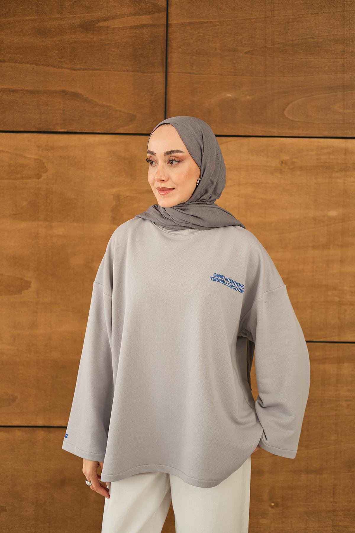 Yazı Baskılı Sweat Gri