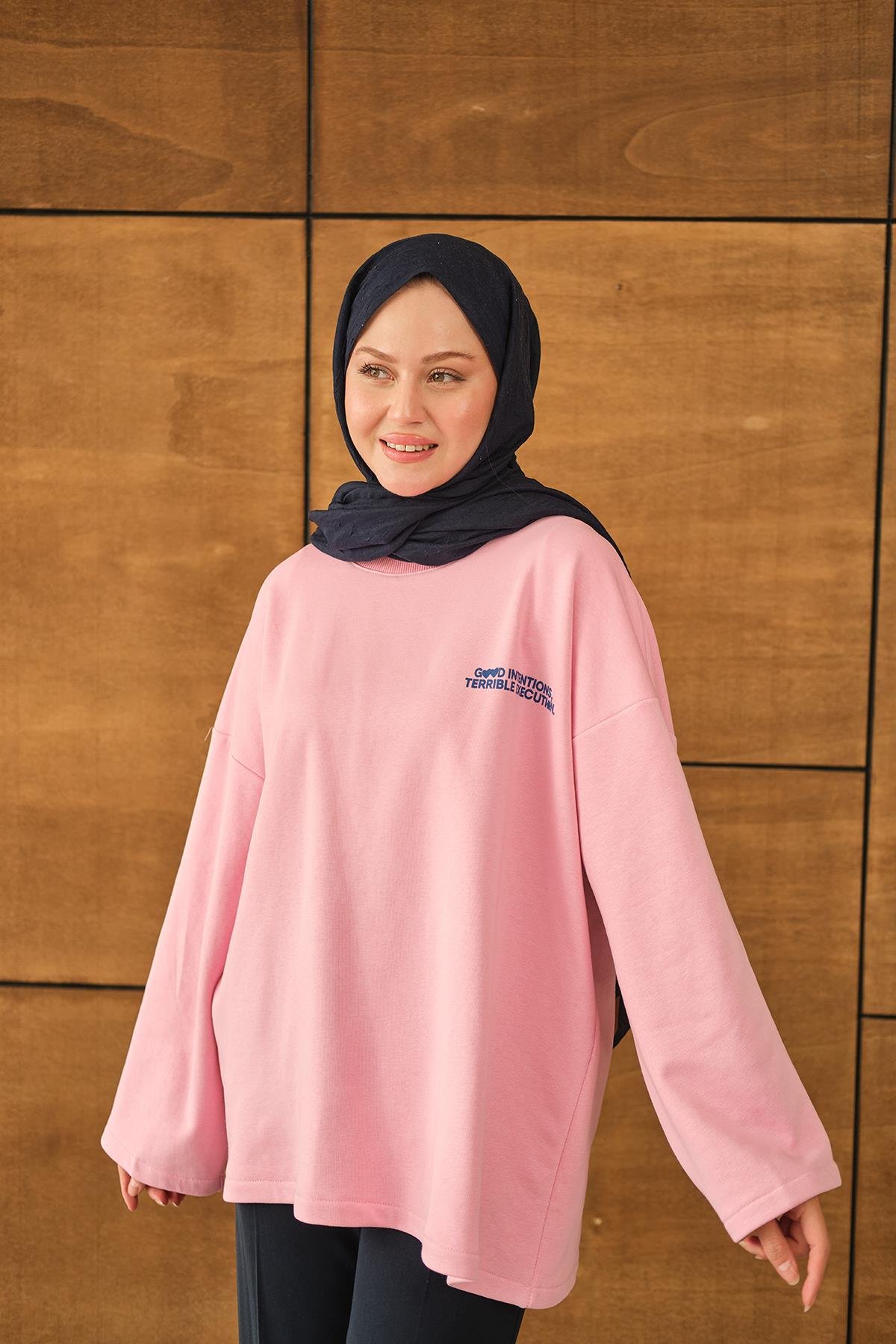 Yazı Baskılı Sweat Pembe