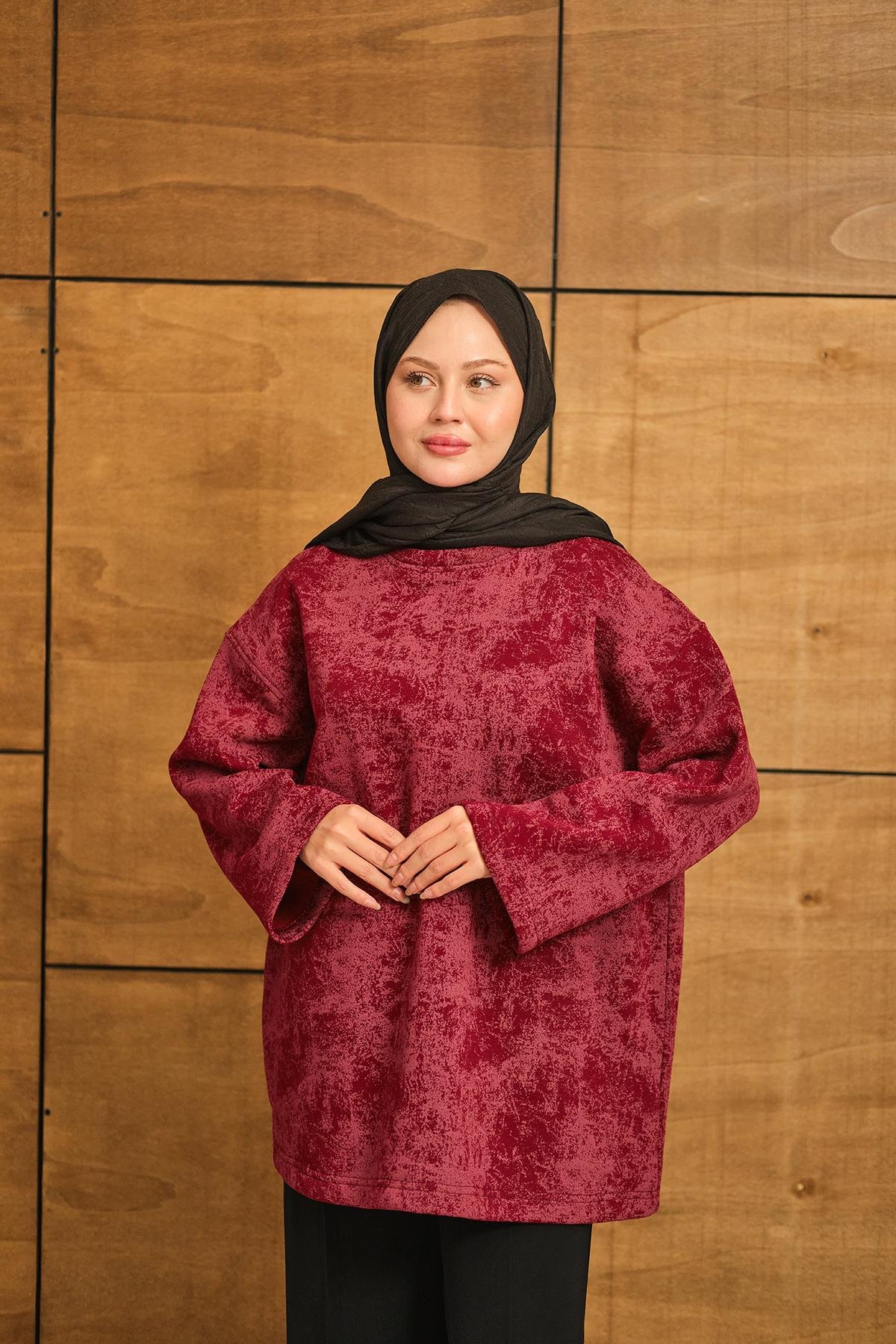 Yıkama Desen Sweat Bordo