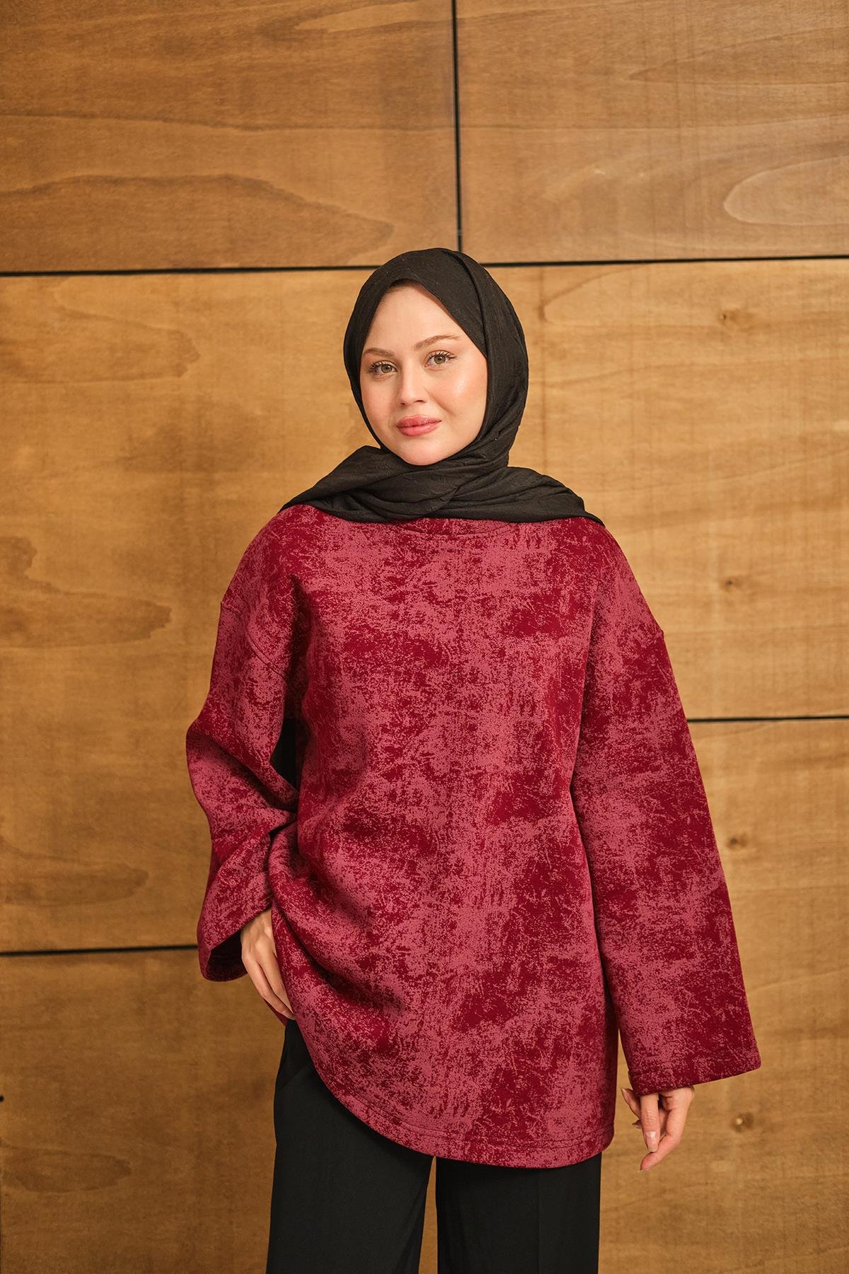 Yıkama Desen Sweat Bordo