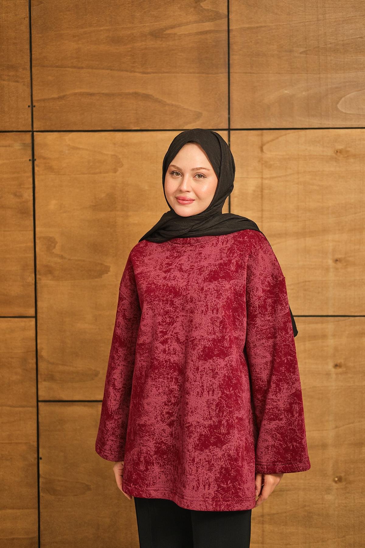 Yıkama Desen Sweat Bordo