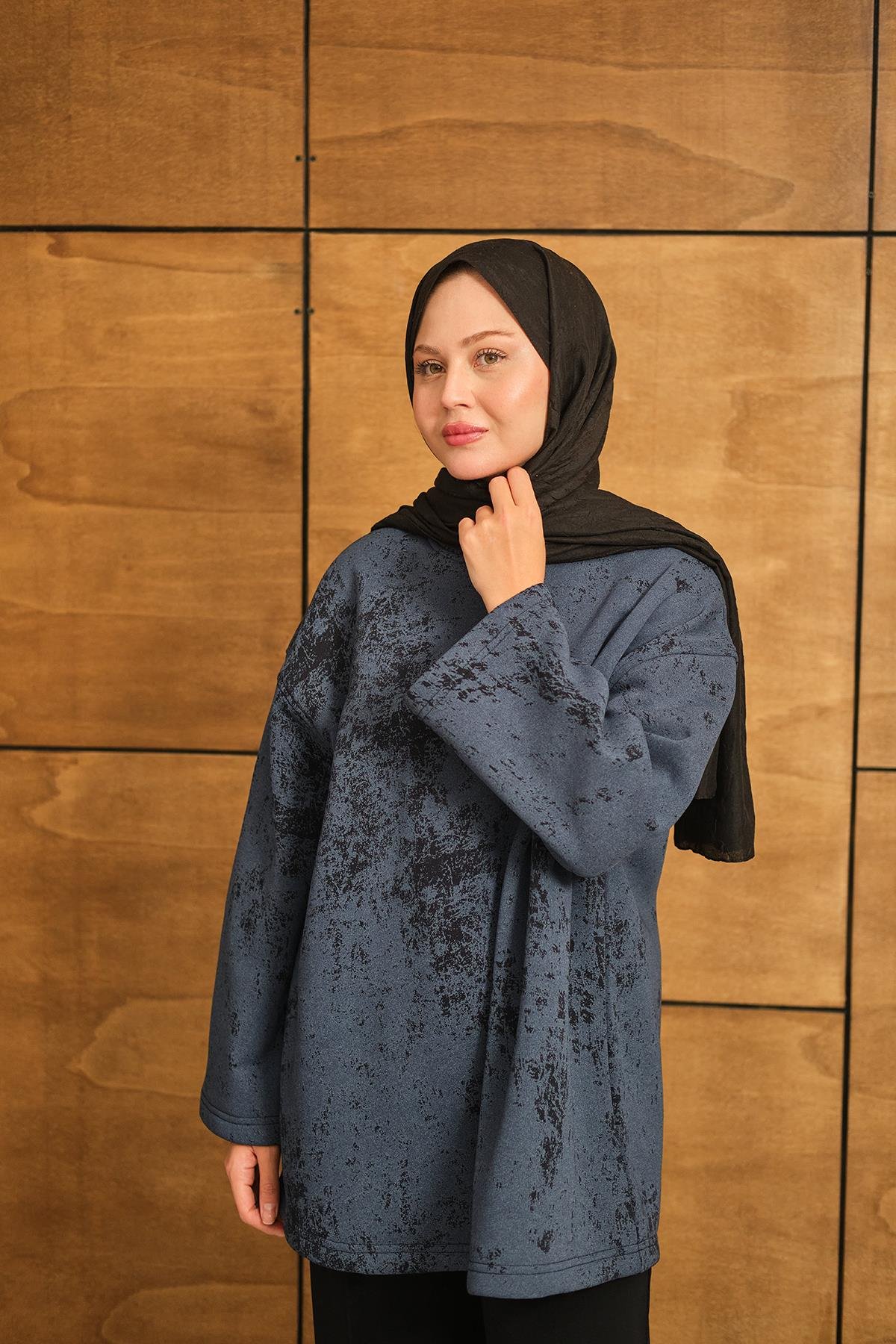 Yıkama Desen Sweat Lacivert