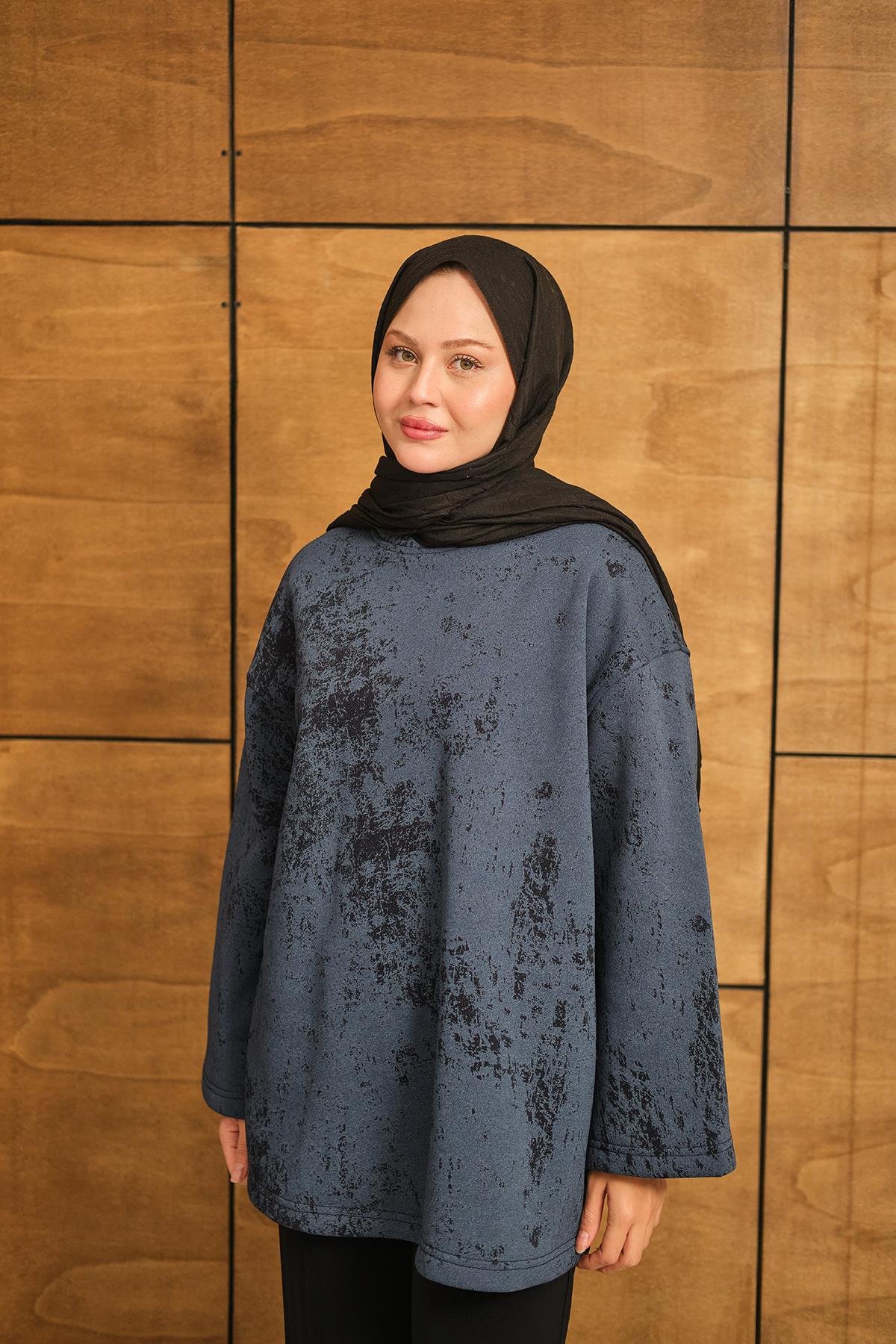 Yıkama Desen Sweat Lacivert