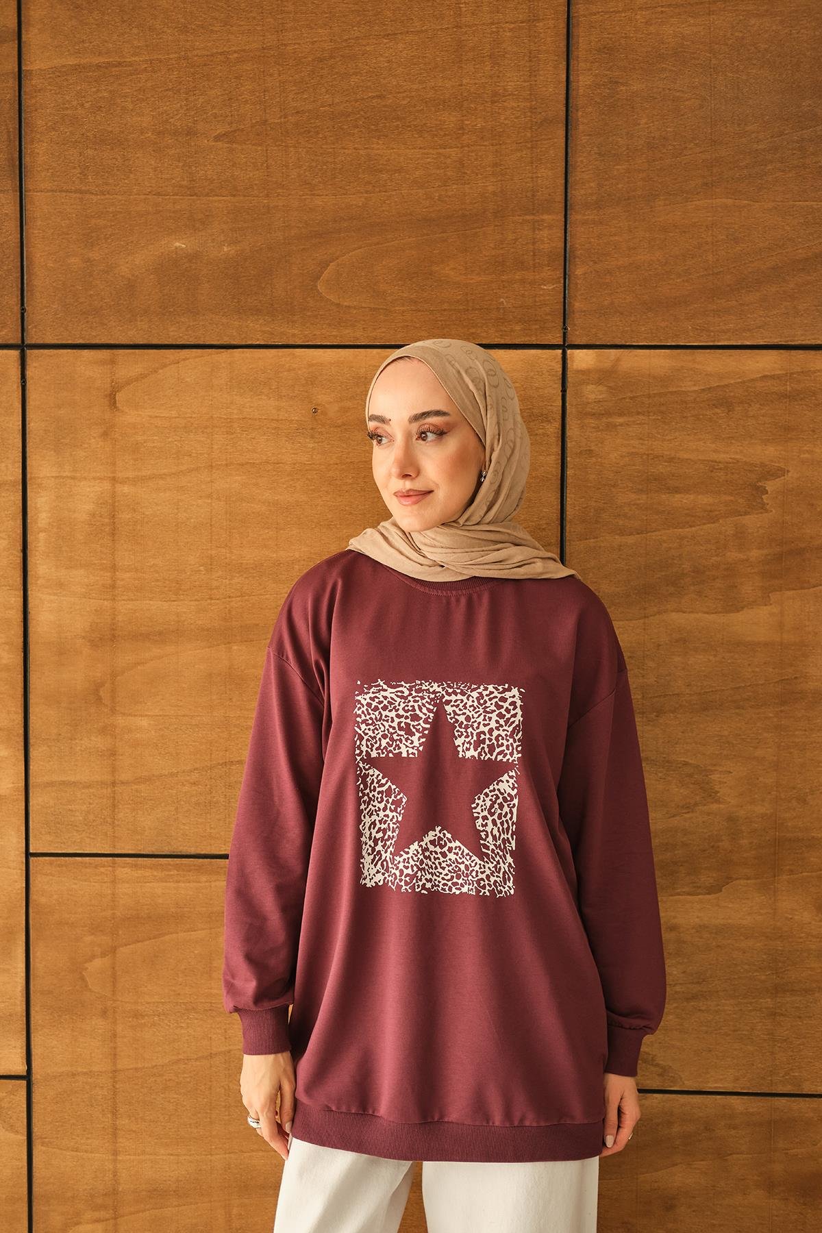 Yıldız Baskılı Sweatshirt Bordo