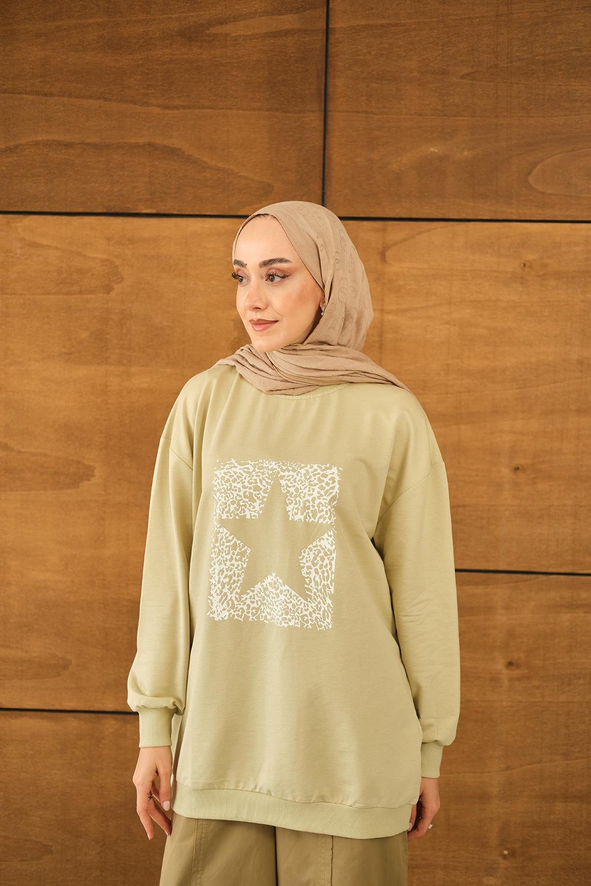 Yıldız Baskılı Sweatshirt Su Yeşil