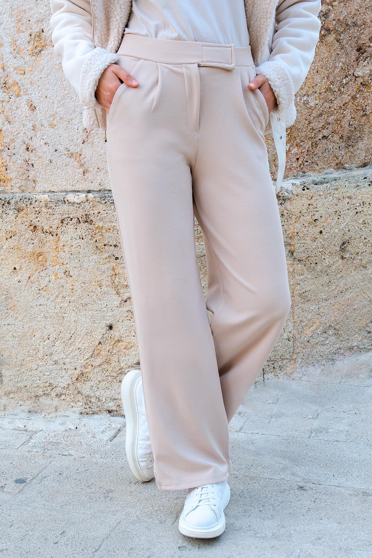 Yüksek Bel Lastikli Bol Paça Pantolon Bej