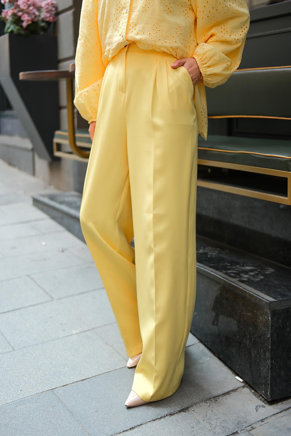 YUKSEK BEL PALAZZO PANTOLON Sarı