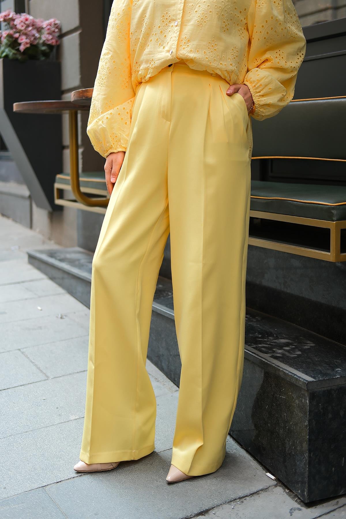 YUKSEK BEL PALAZZO PANTOLON Sarı