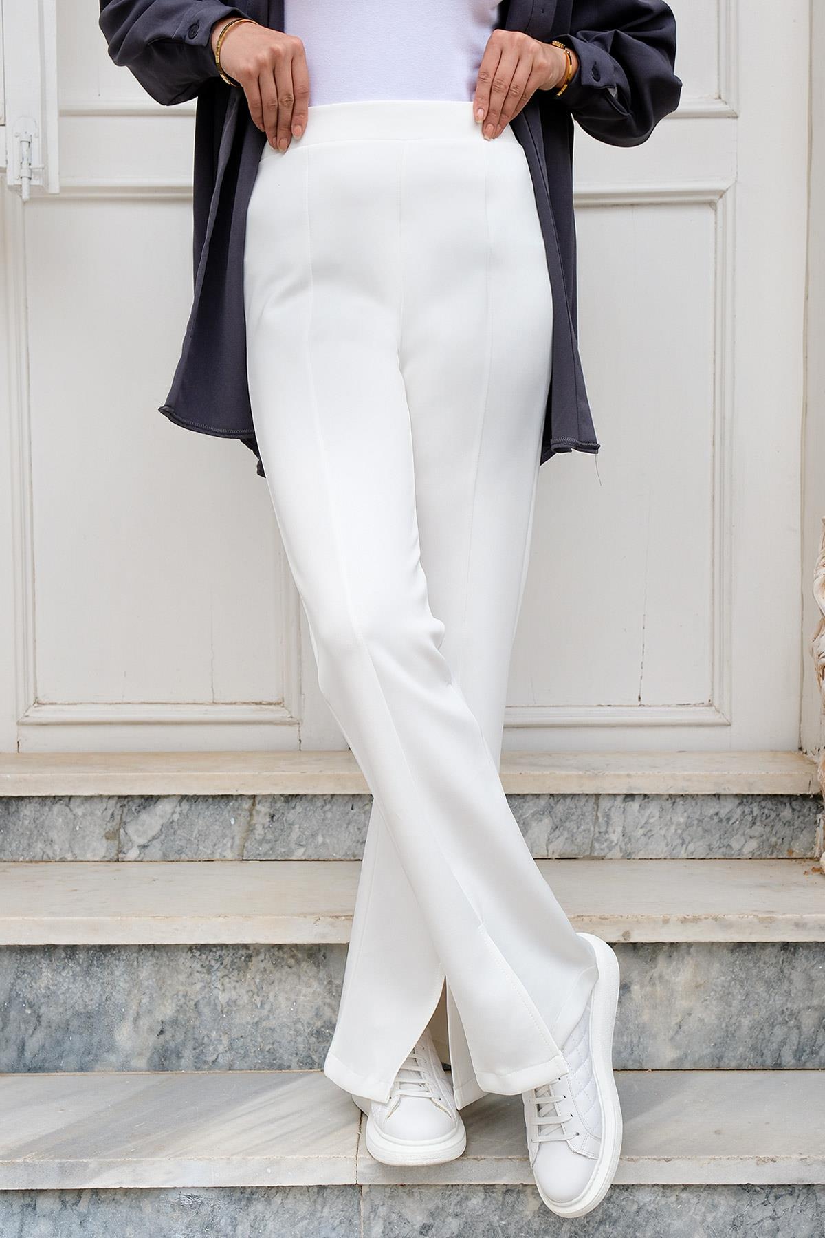 Yüksek Bel Scuba Yırtmaçlı Pantolon Beyaz