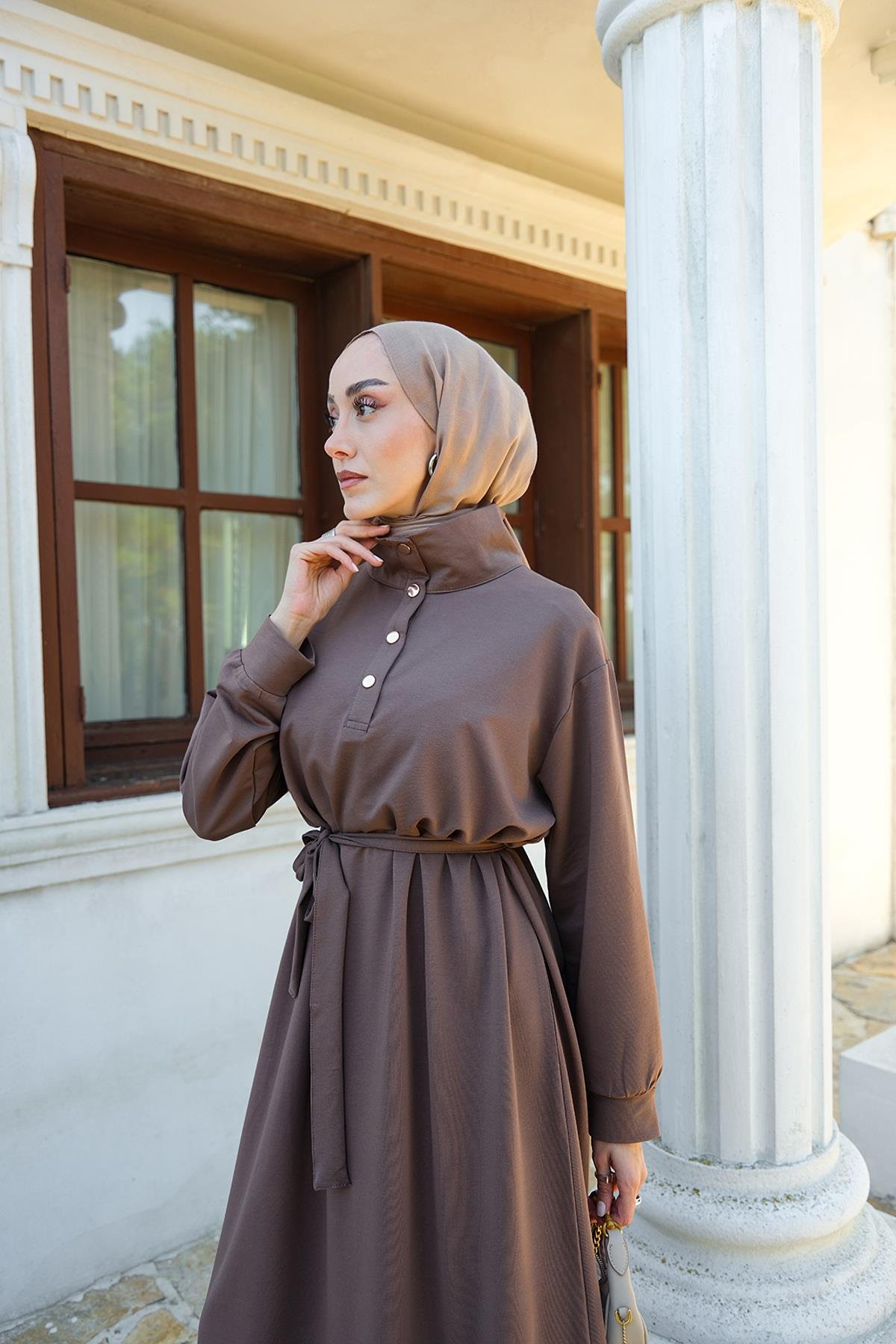 Yüksek Yaka Çıtçıtlı Elbise Kahverengi