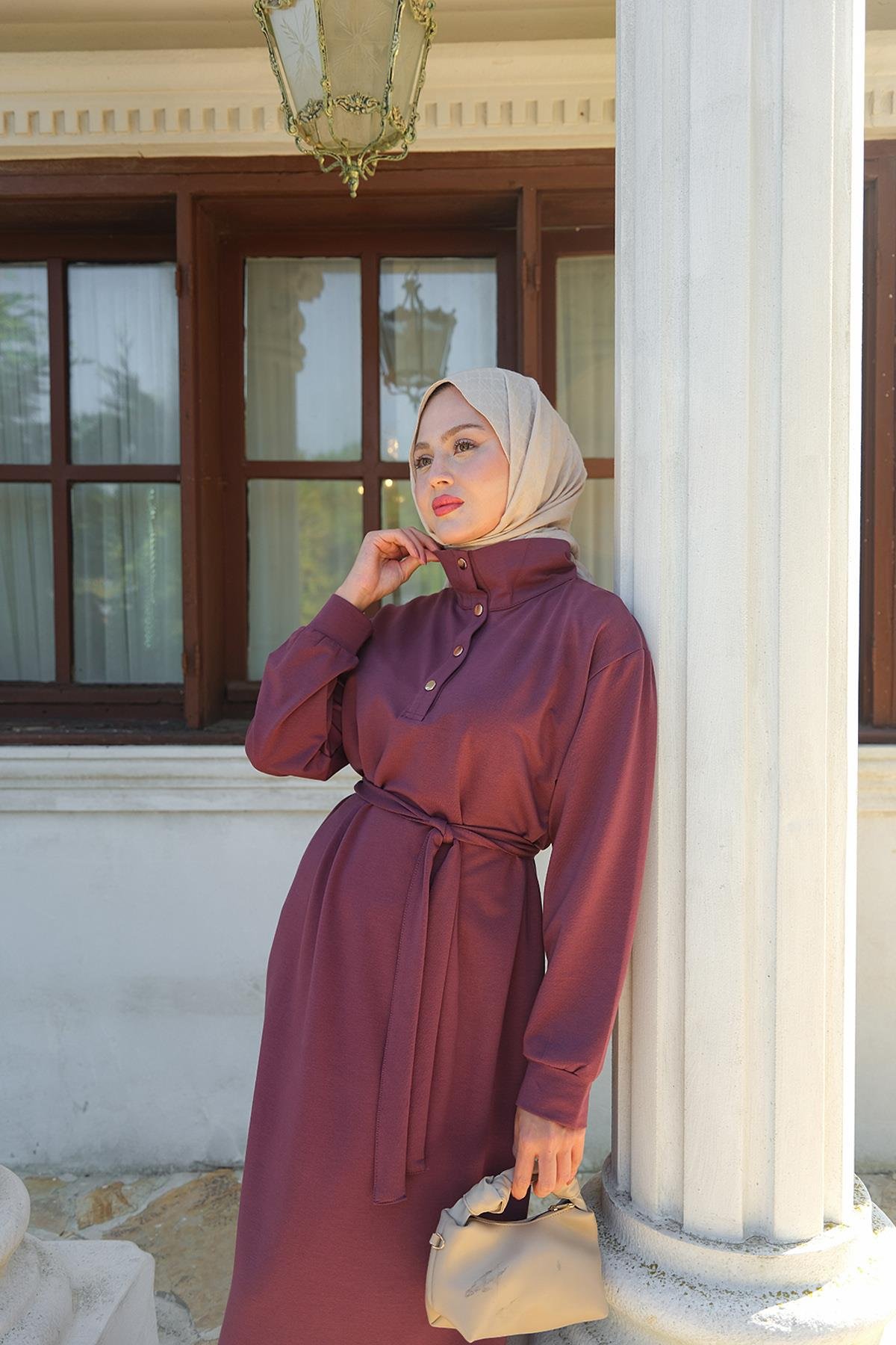 Yüksek Yaka Çıtçıtlı Elbise Mürdüm