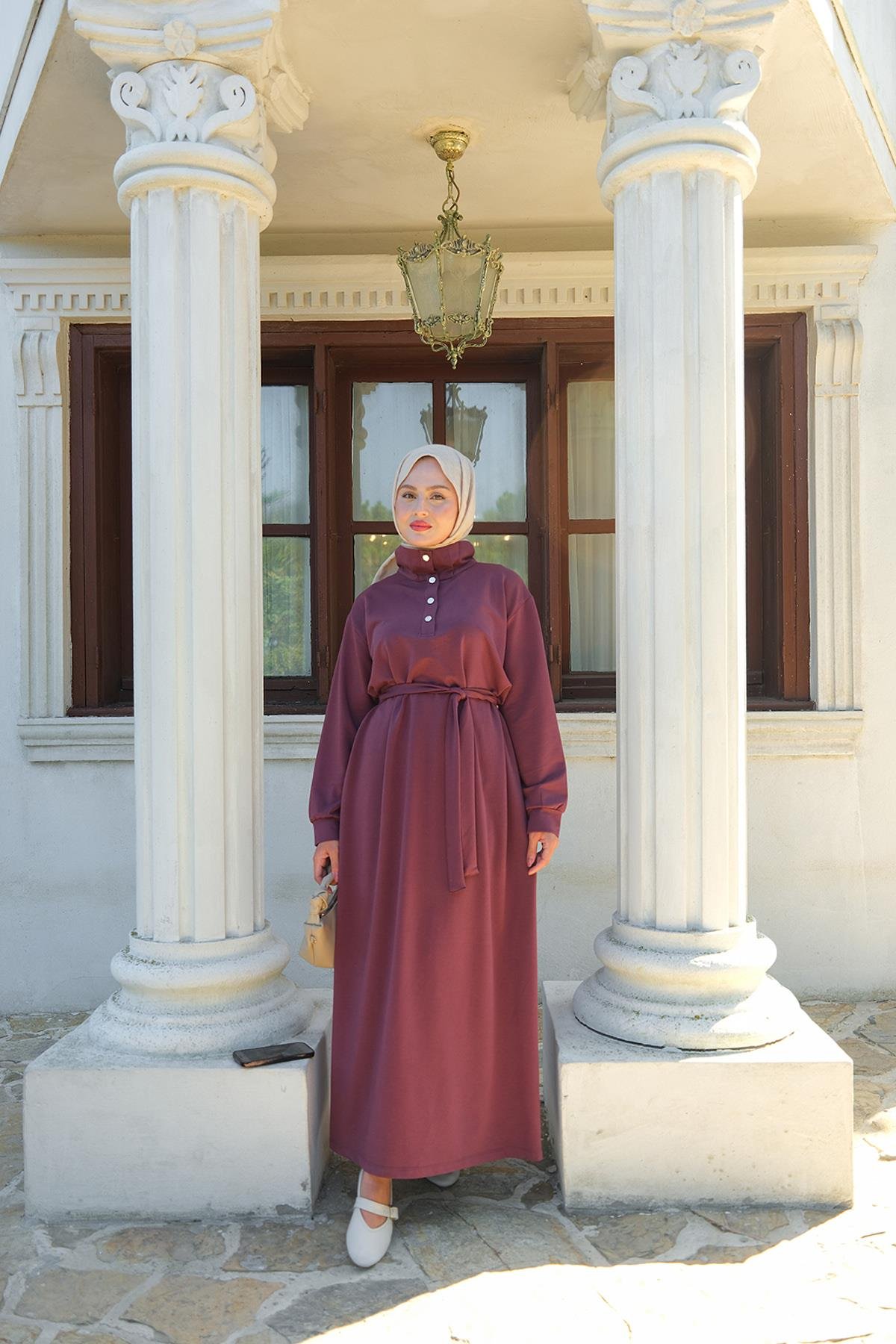 Yüksek Yaka Çıtçıtlı Elbise Mürdüm