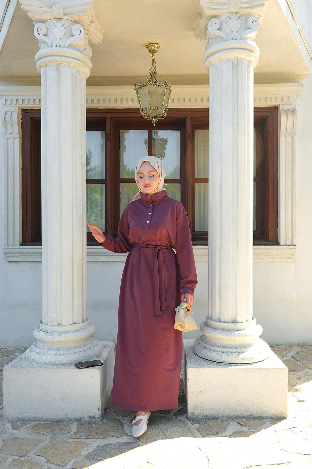 Yüksek Yaka Çıtçıtlı Elbise Mürdüm