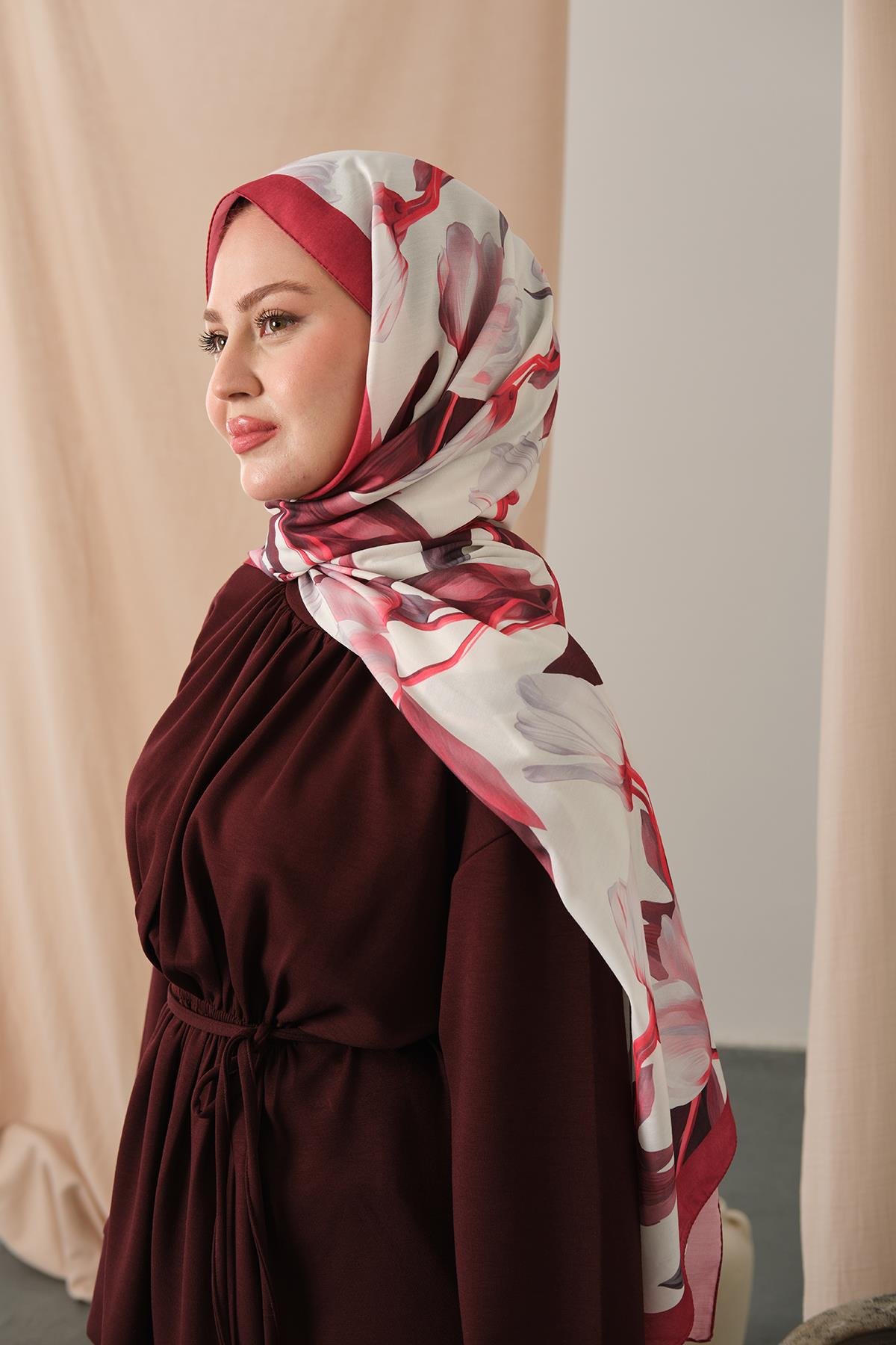 Zambak Desenli Soft Şal Bordo