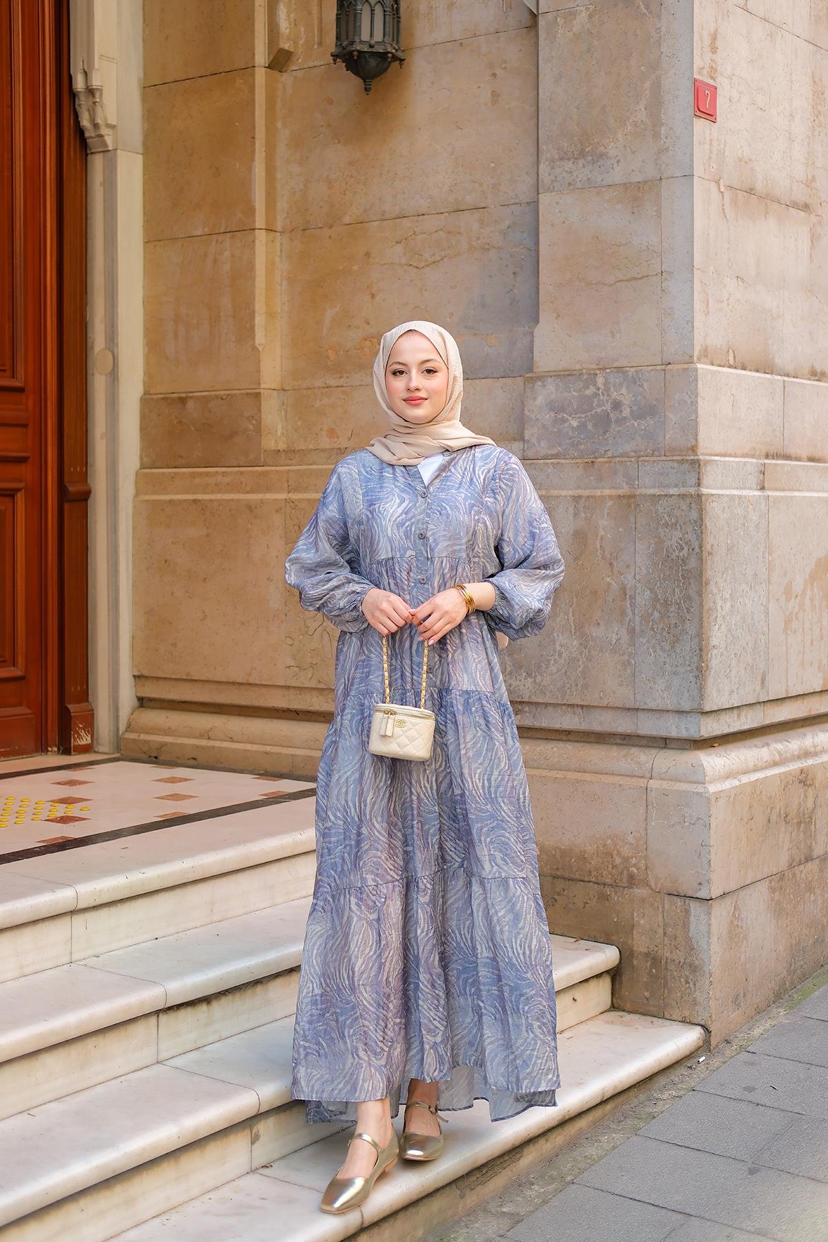 Zebra Desen Elbise  Mavi