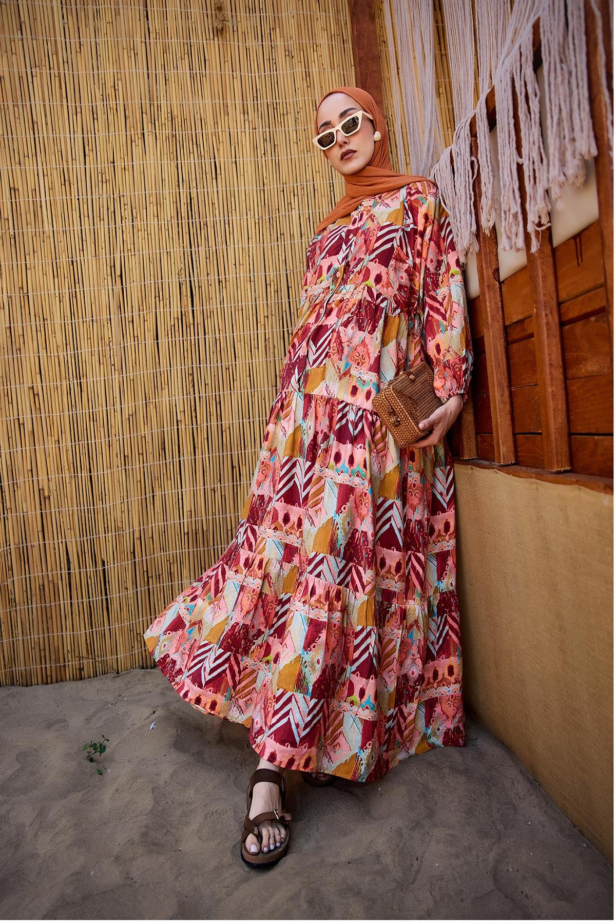 Zİkzak Desenli Elbise Bordo