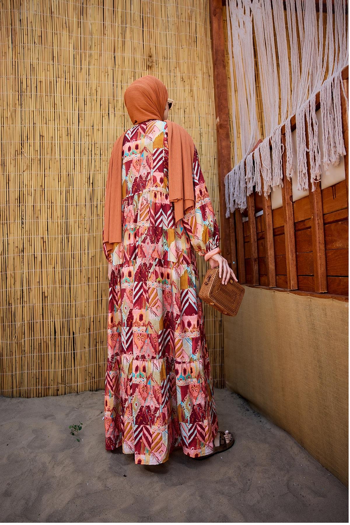 Zİkzak Desenli Elbise Bordo