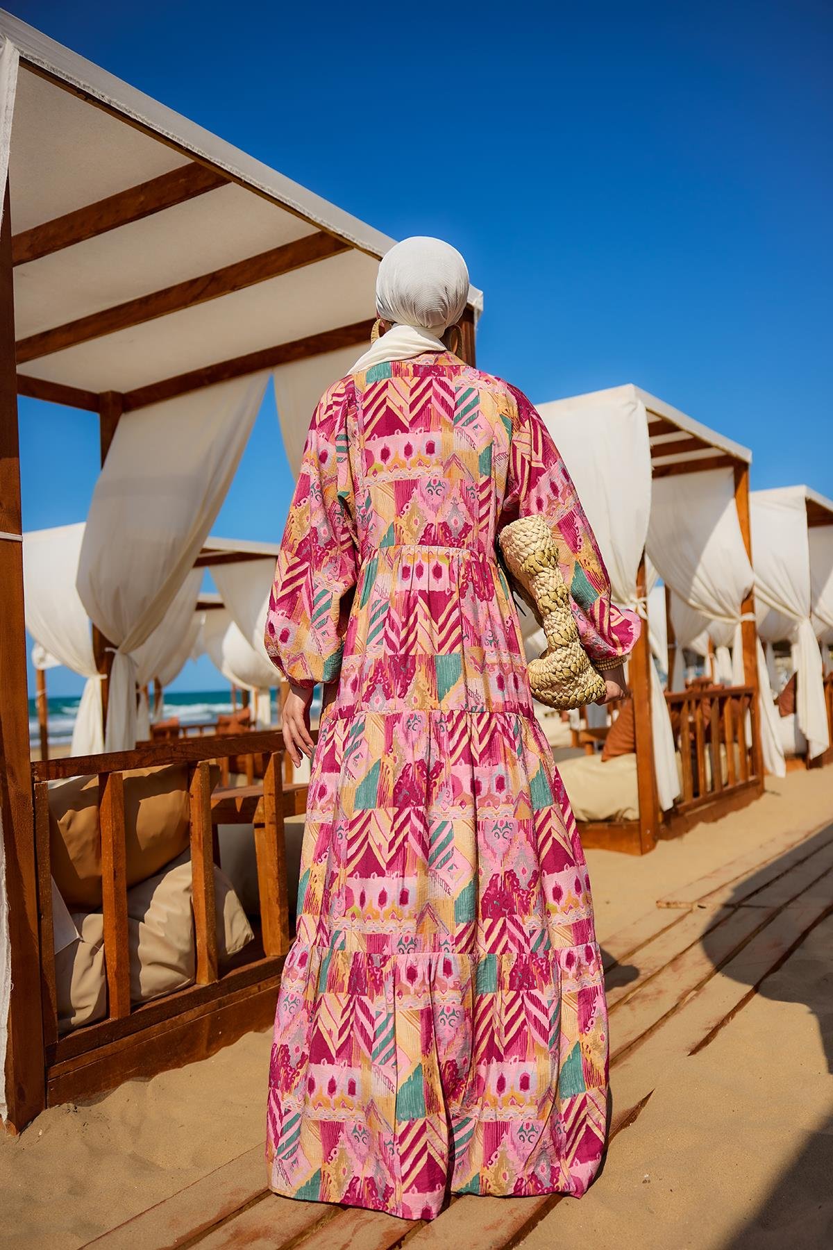 Zİkzak Desenli Elbise Fuşya