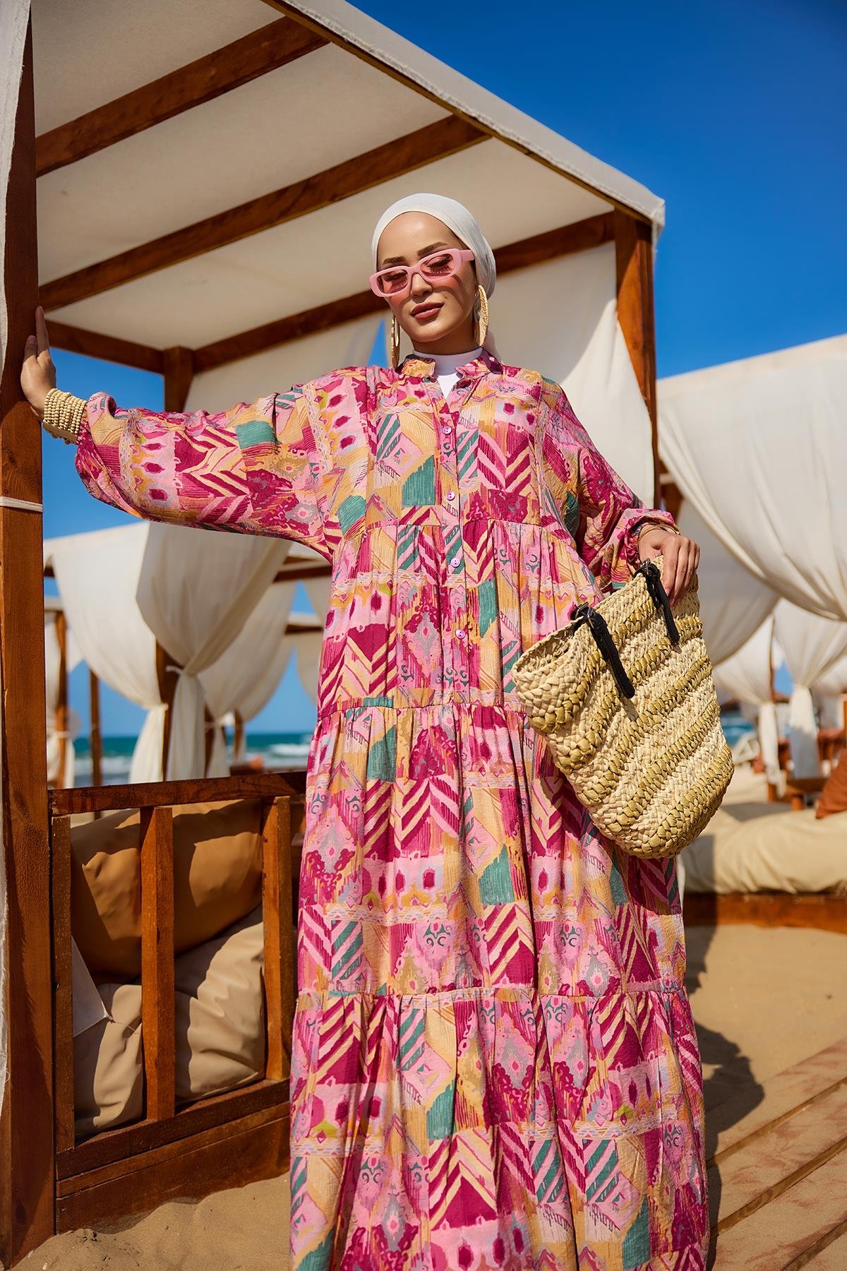 Zİkzak Desenli Elbise Fuşya