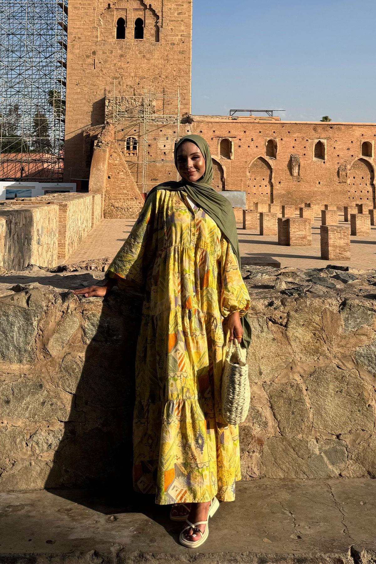 Zikzak Desenli Elbise Sarı