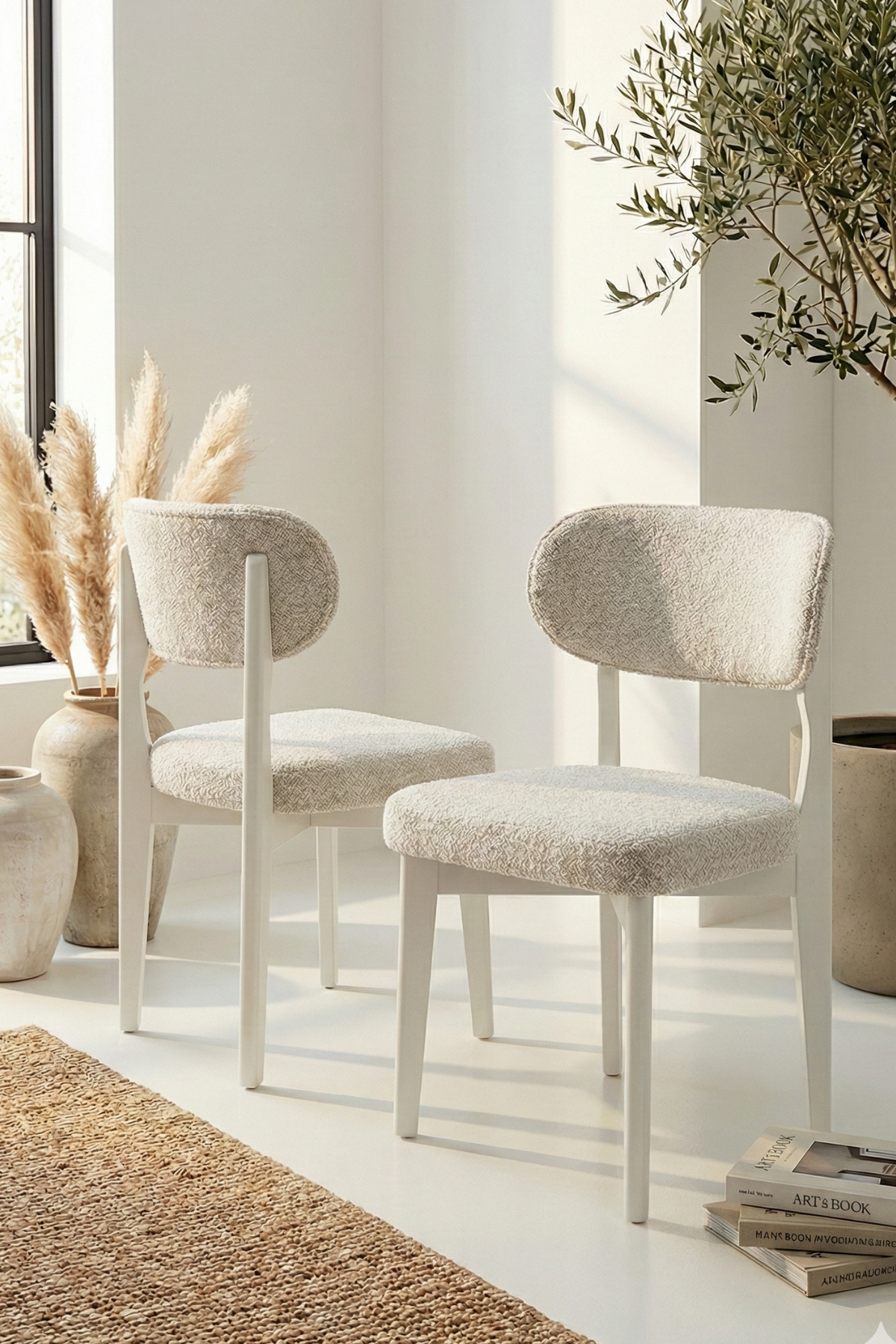 Cosmo Beyaz Ahşap Döşemeli Sandalye 2'li Set 54x48x80 cm – Modern Kumaş Kaplı Yemek Odası & Mutfak Sandalyesi Takımı