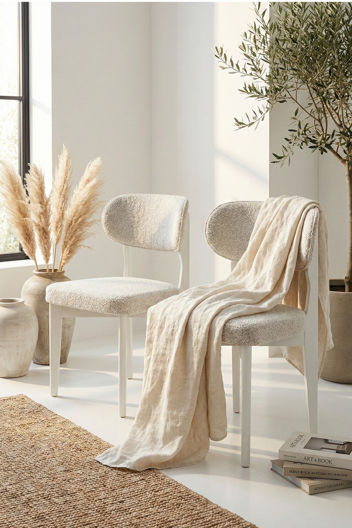 Cosmo Beyaz Ahşap Döşemeli Sandalye 2'li Set 54x48x80 cm – Modern Kumaş Kaplı Yemek Odası & Mutfak Sandalyesi Takımı