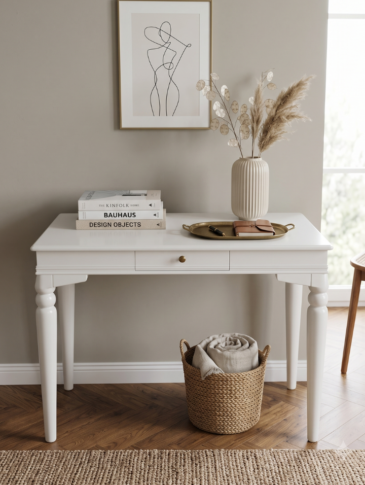 Elora Beyaz Çalışma Masası 70x110 cm – Tek Çekmeceli Modern Home Office Bilgisayar ve Yazı Masası | Masif Kayın Ayaklı