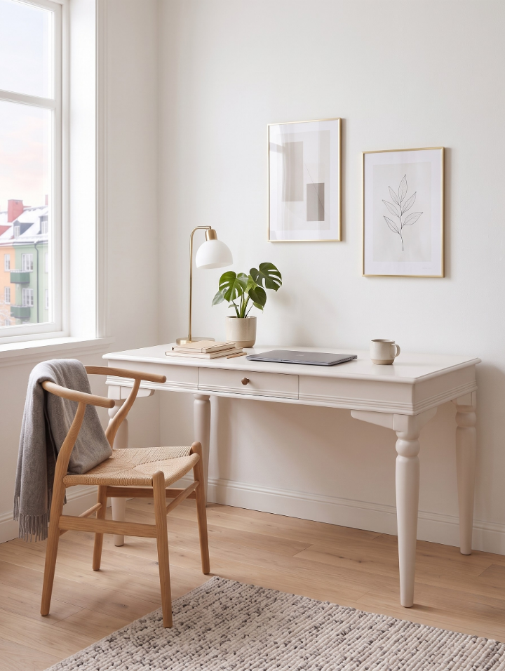 Elora Beyaz Çalışma Masası 70x110 cm – Tek Çekmeceli Modern Home Office Bilgisayar ve Yazı Masası | Masif Kayın Ayaklı