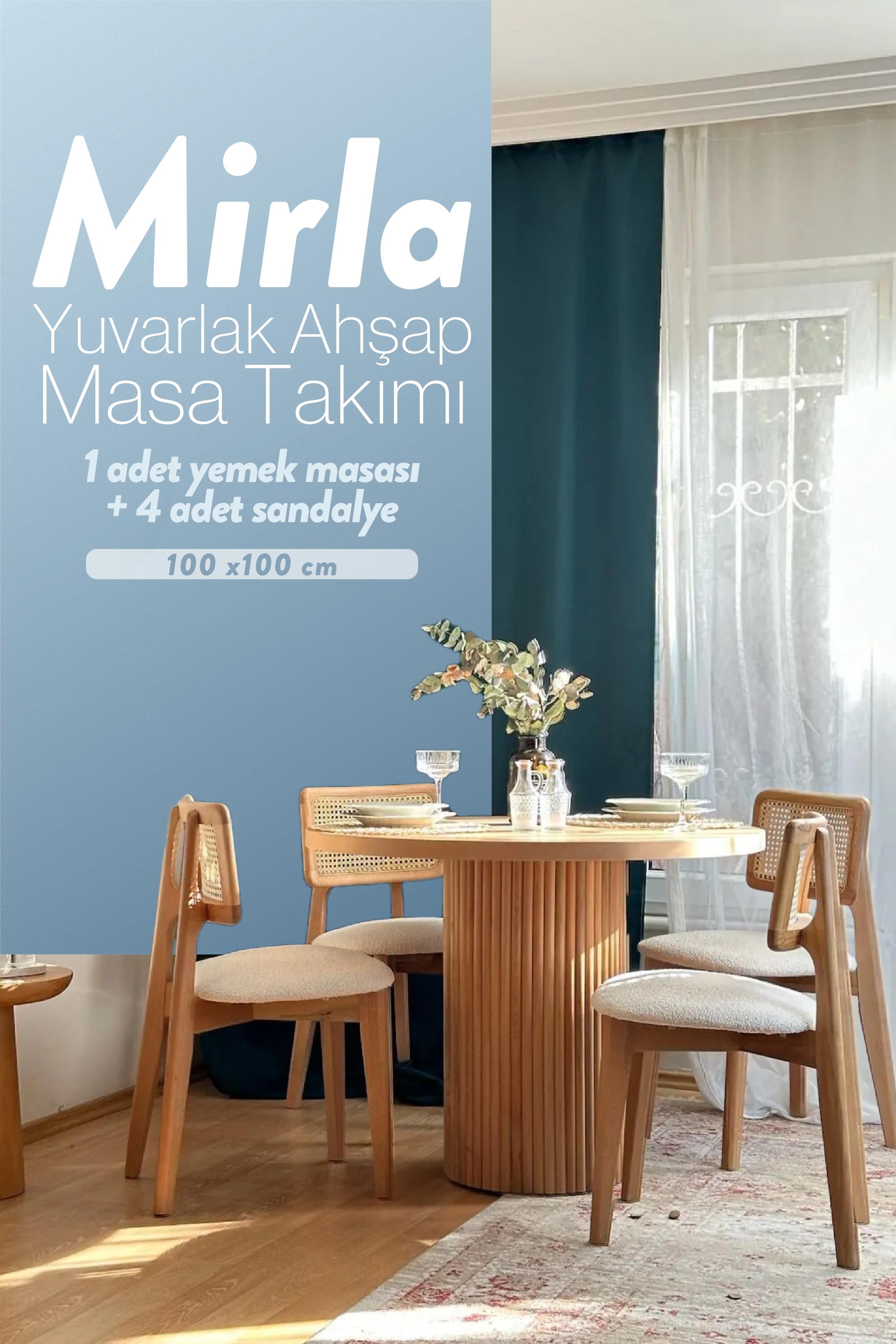 mirla ahsap yuvarlak  natural masa sandalye takımı (100x100)