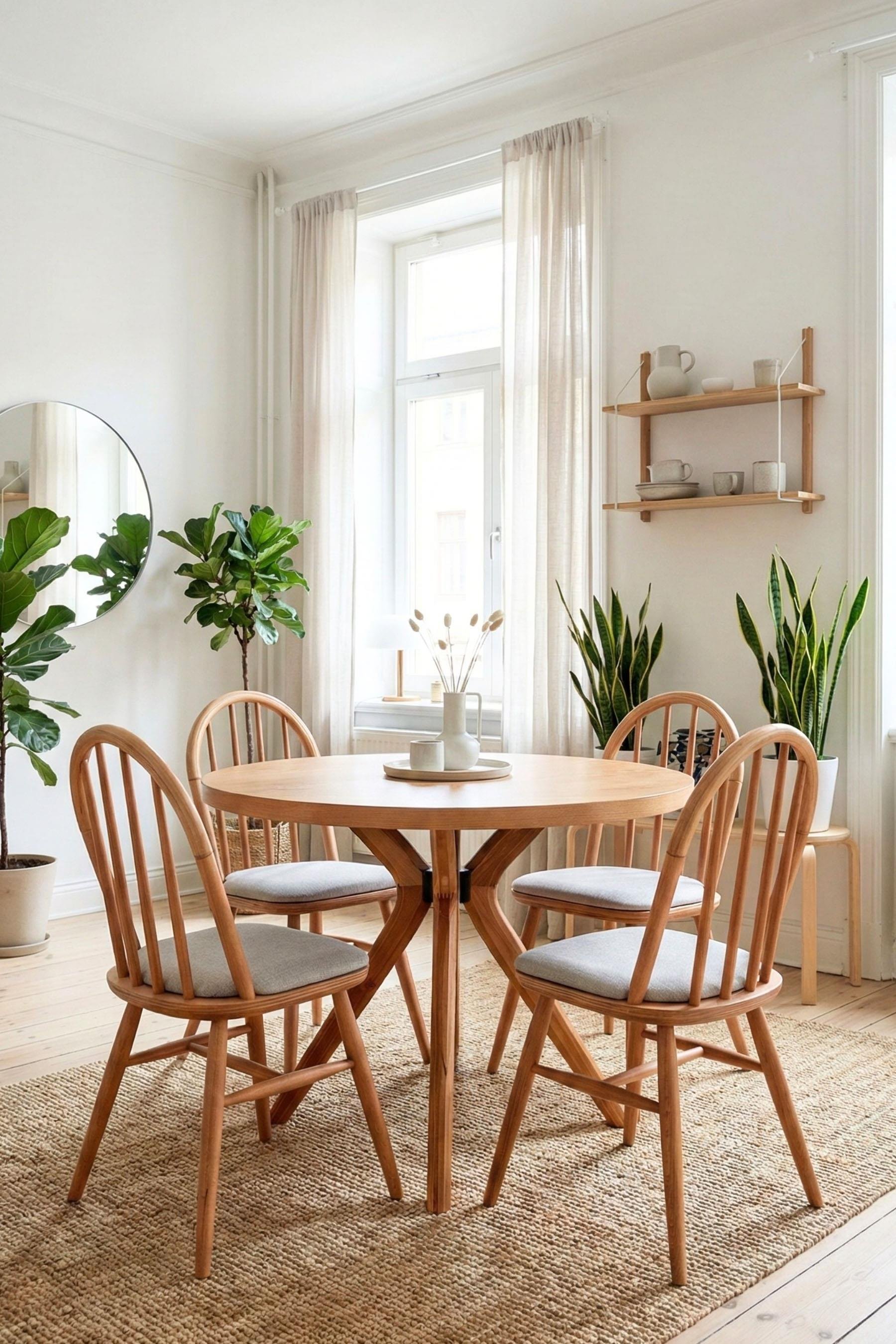 Woodenbend Alex Naturel Yuvarlak 100 cm Ahşap Yemek Masası Takımı – Amerikan Sandalyeli 4 Kişilik Masa Seti