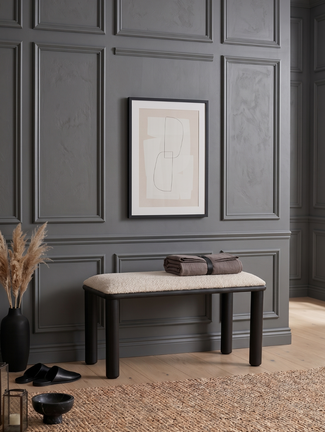 Woodenbend Arya Siyah Lake Ahşap Bench | Bohem & İskandinav Teddy Kumaş Bench