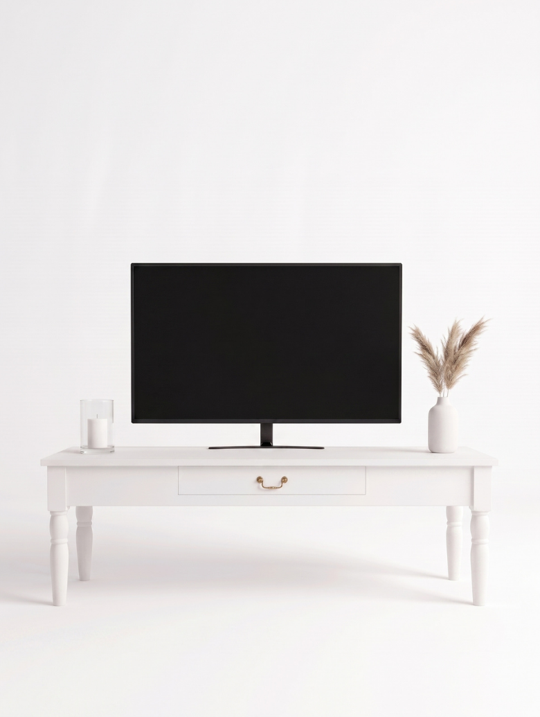 woodenbend, Woodenbend Carmen Beyaz TV Sehpası | 160 cm Ahşap Ayaklı Klasik Country TV Ünitesi