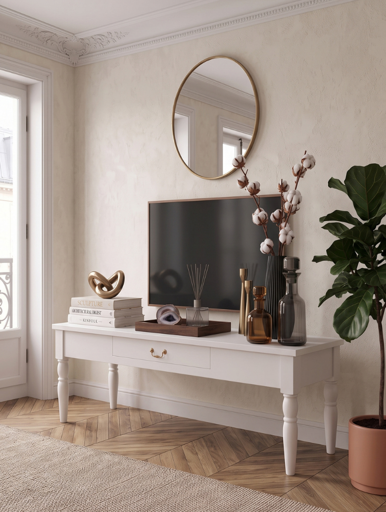 woodenbend, Woodenbend Carmen Beyaz TV Sehpası | 160 cm Ahşap Ayaklı Klasik Country TV Ünitesi