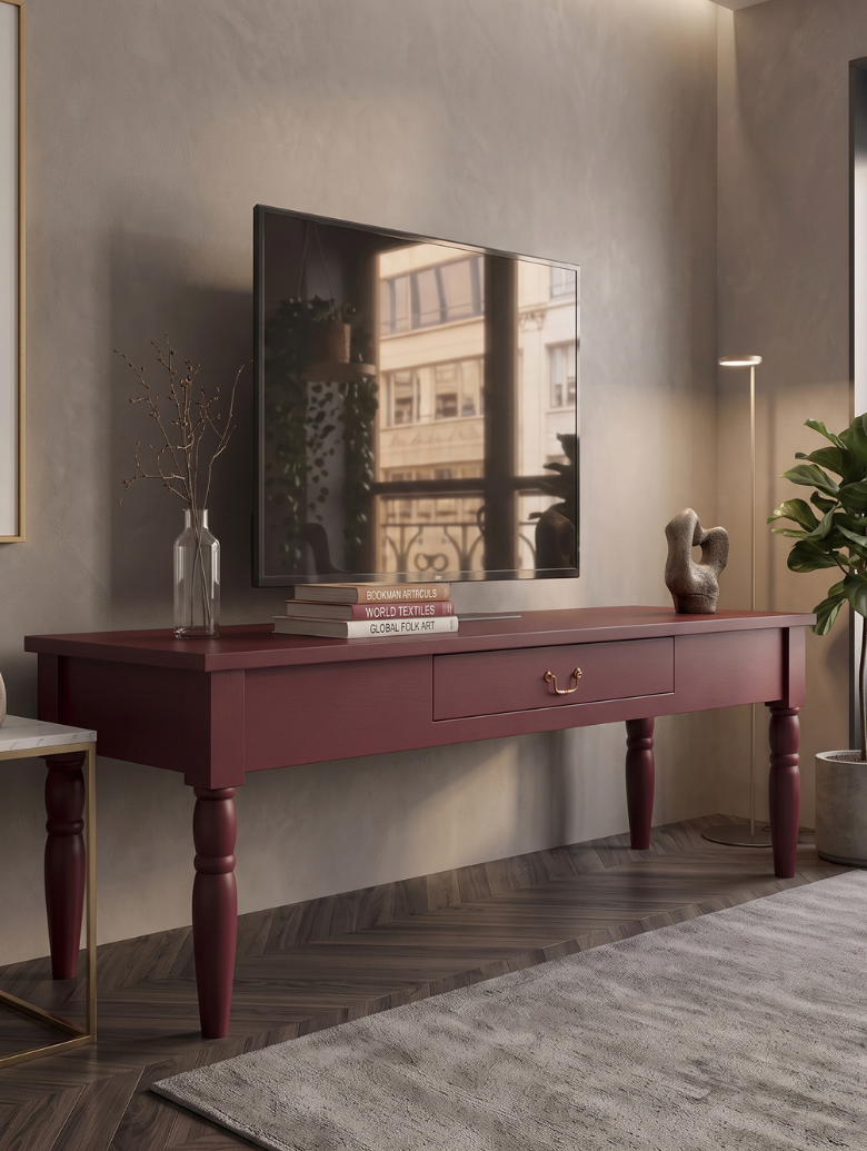 woodenbend, Woodenbend Carmen Bordo TV Sehpası | 160 cm Ahşap Ayaklı Klasik Country TV Ünitesi