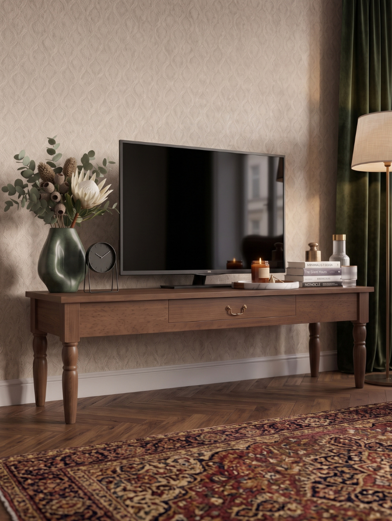 woodenbend, Woodenbend Carmen Ceviz TV Sehpası | 160 cm Ahşap Ayaklı Klasik Country TV Ünitesi