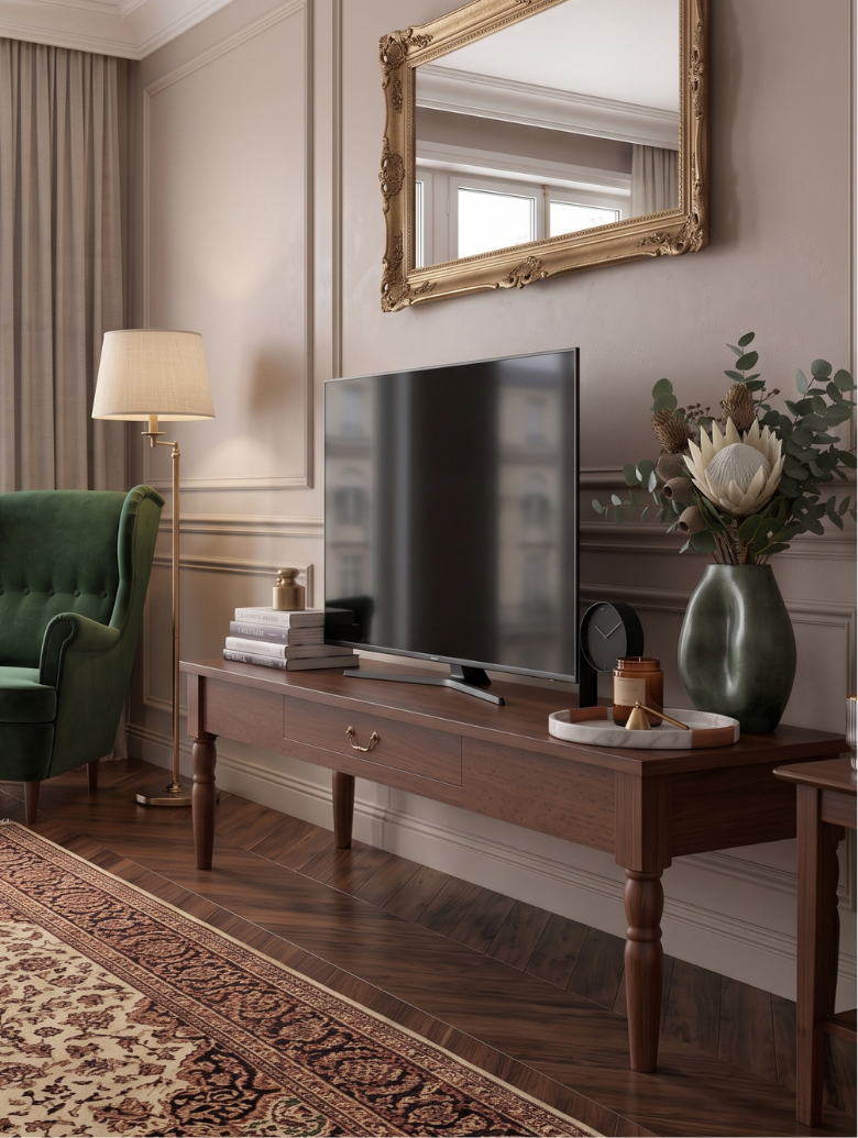 woodenbend, Woodenbend Carmen Ceviz TV Sehpası | 160 cm Ahşap Ayaklı Klasik Country TV Ünitesi