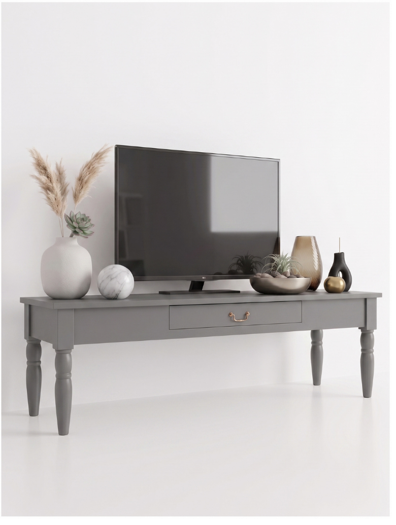 woodenbend, Woodenbend Carmen Gri TV Sehpası | 160 cm Ahşap Ayaklı Klasik Country TV Ünitesi