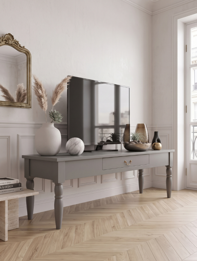woodenbend, Woodenbend Carmen Gri TV Sehpası | 160 cm Ahşap Ayaklı Klasik Country TV Ünitesi