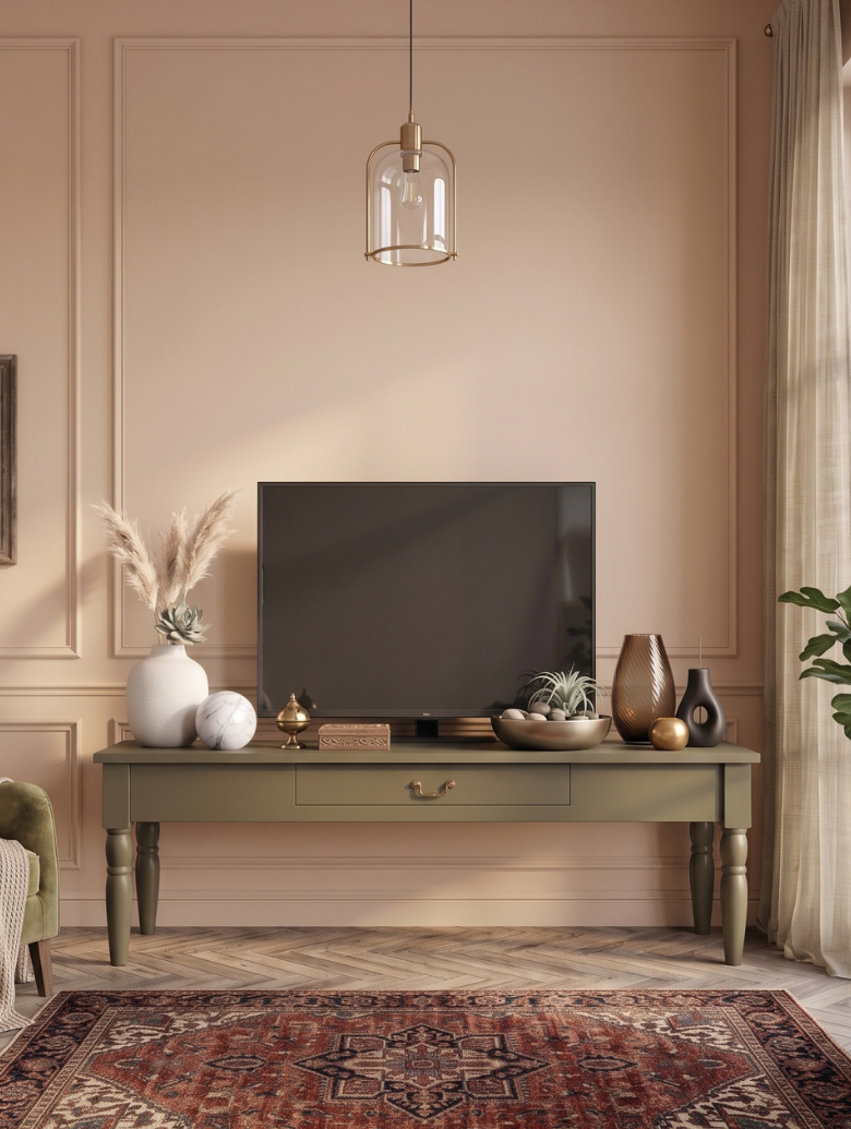 woodenbend, Woodenbend Carmen Haki TV Sehpası | 160 cm Ahşap Ayaklı Klasik Country TV Ünitesi