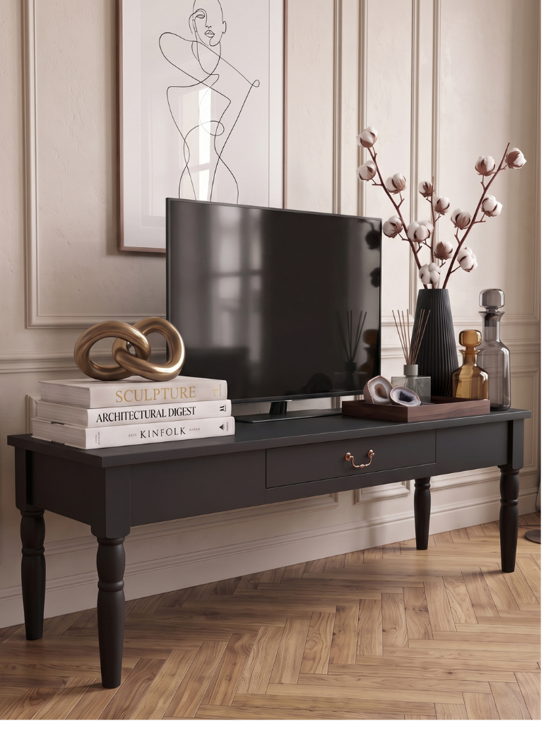 woodenbend, Woodenbend Carmen Siyah TV Sehpası | 160 cm Klasik Country Tarz Lake Boyalı Torna Ayaklı TV Ünitesi