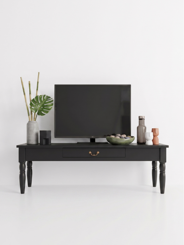 woodenbend, Woodenbend Carmen Siyah TV Sehpası | 160 cm Klasik Country Tarz Lake Boyalı Torna Ayaklı TV Ünitesi