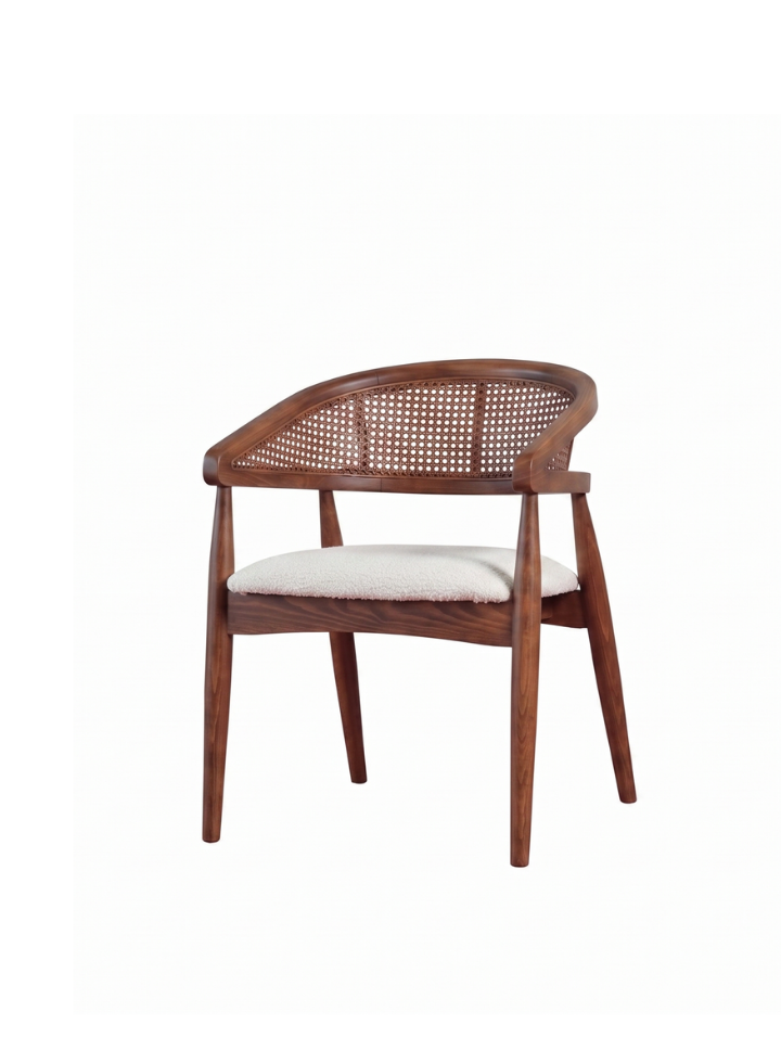 Woodenbend Florida Ceviz Kolçaklı Sandalye | Kayın Ahşap İskelet, Teddy Kumaş Döşemeli Modern İskandinav & Bohem Yemek Masası Sandalyesi