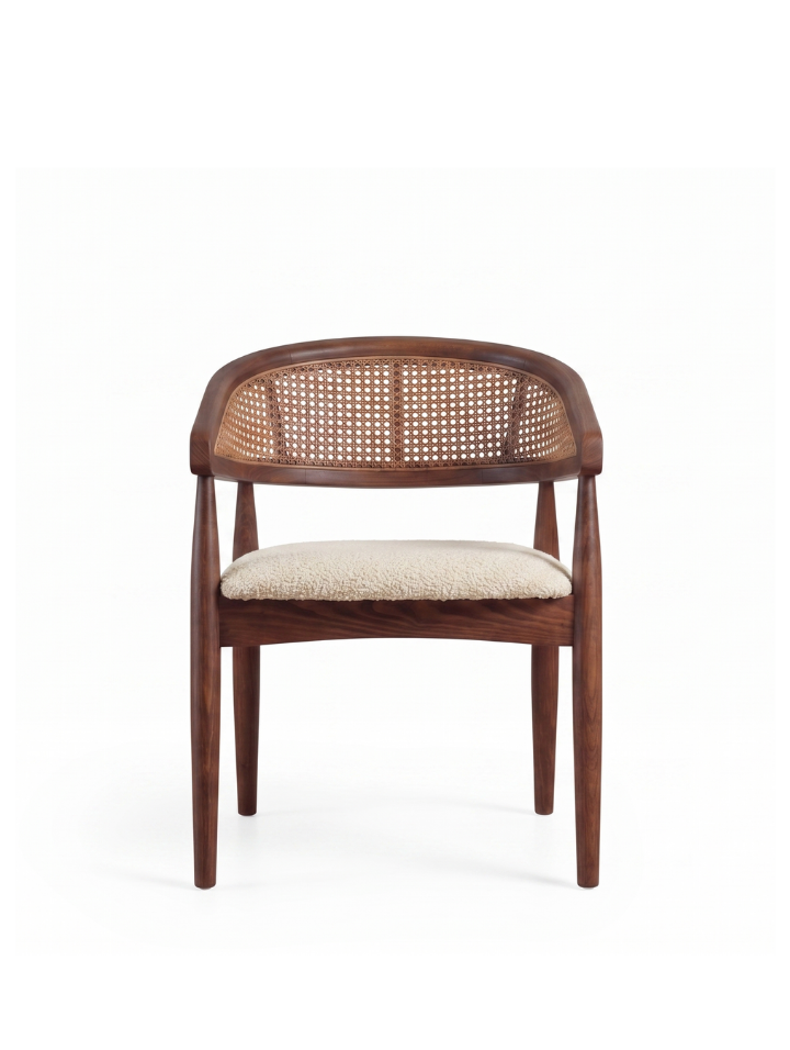 Woodenbend Florida Ceviz Kolçaklı Sandalye | Kayın Ahşap İskelet, Teddy Kumaş Döşemeli Modern İskandinav & Bohem Yemek Masası Sandalyesi